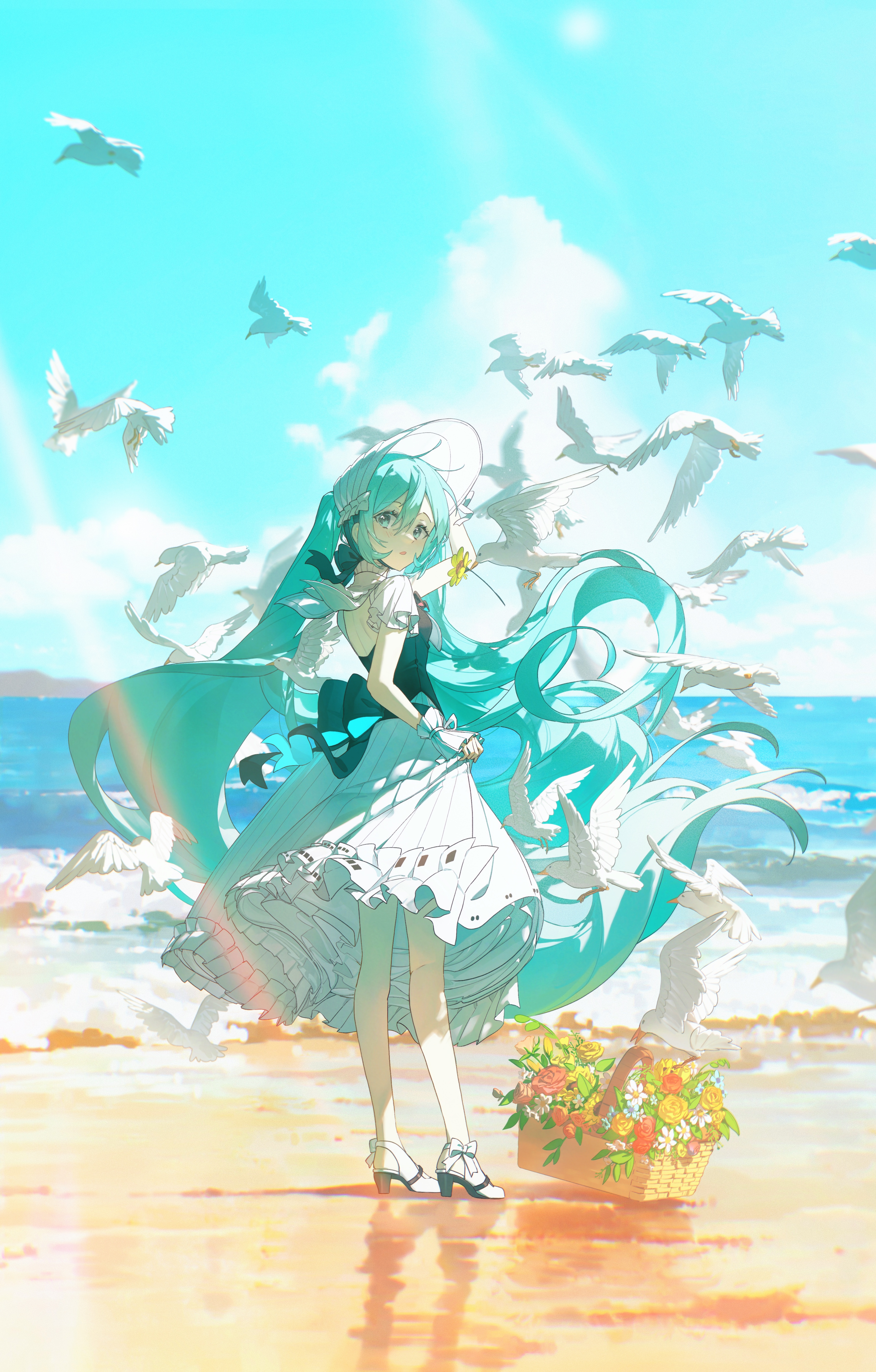 Vocaloid Hatsune Miku Portrait Display Long Hair Looking Back Twintails Looking At Viewer Beach Wome 3576x5601