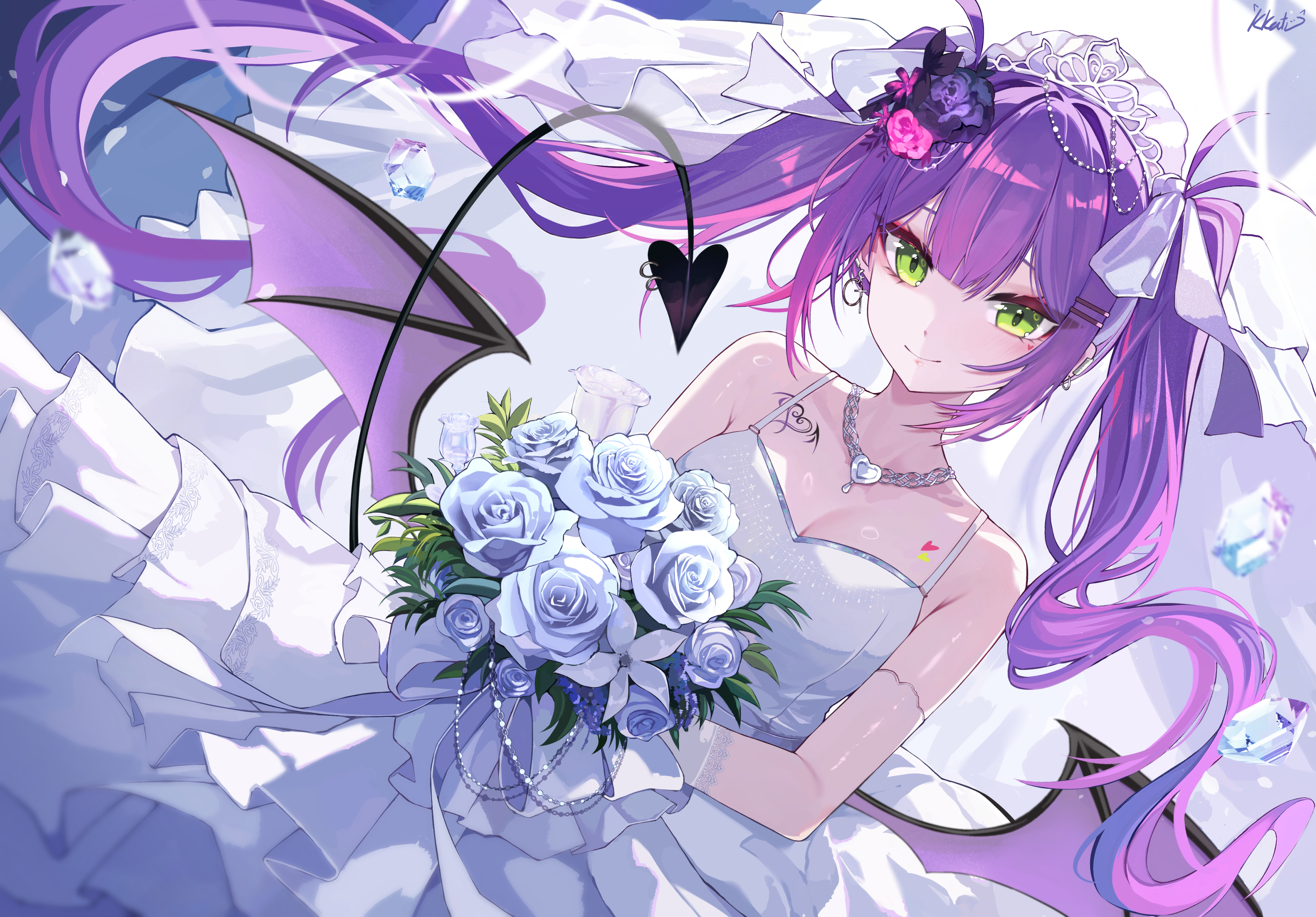 Anime Anime Girls Wings Twintails Wedding Attire Tail Blushing Tokoyami Towa Hololive 3500x2438