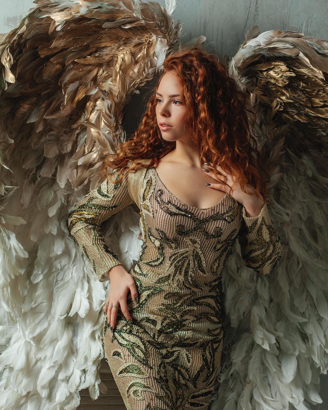 Women Model Redhead Long Hair Curly Hair Angel Wings Feathers Tight Dress Long Nails Portrait Displa 1080x1349