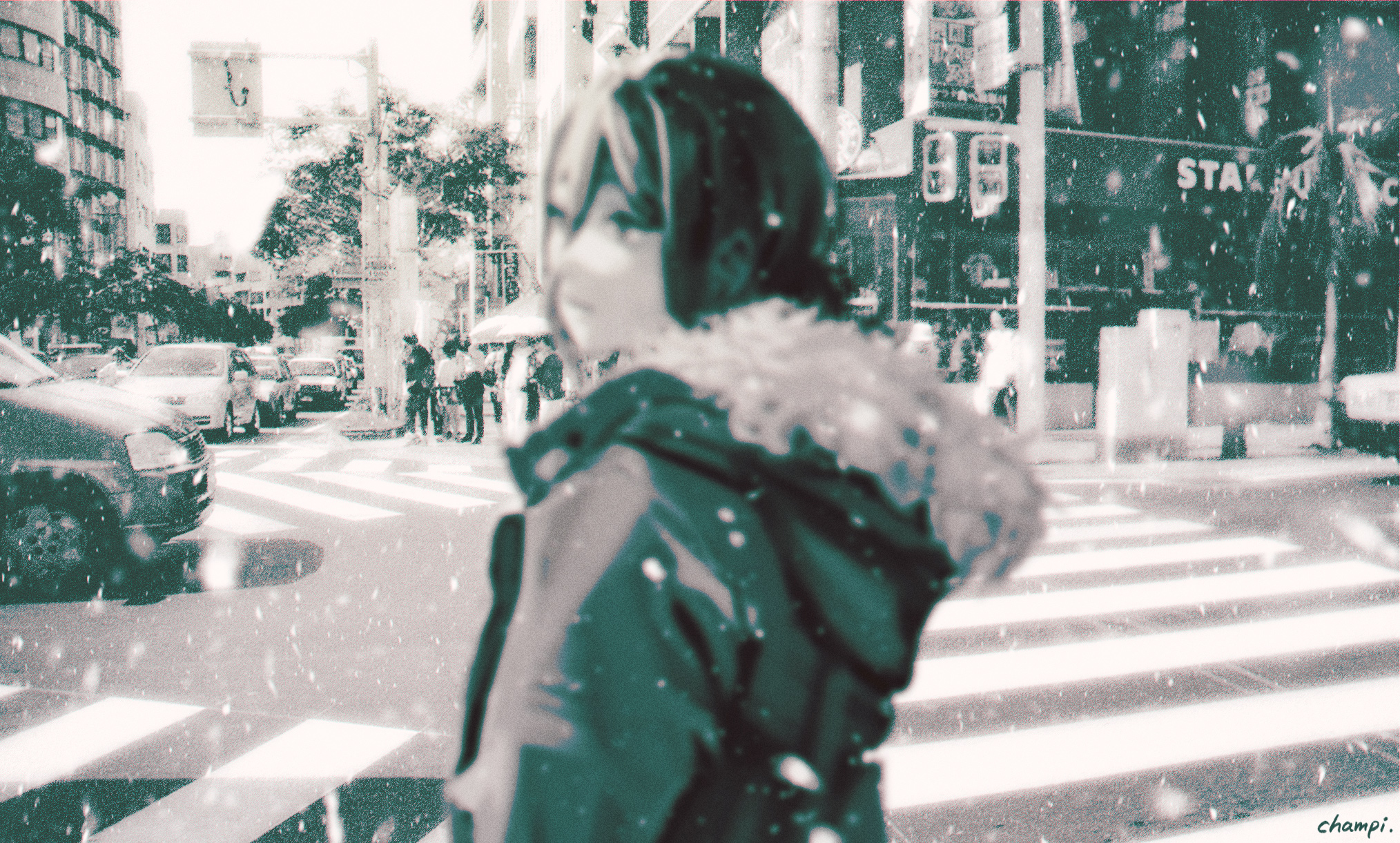 Anime Anime Girls City Car Snow Black Hair Depth Of Field Looking Away 2028x1221