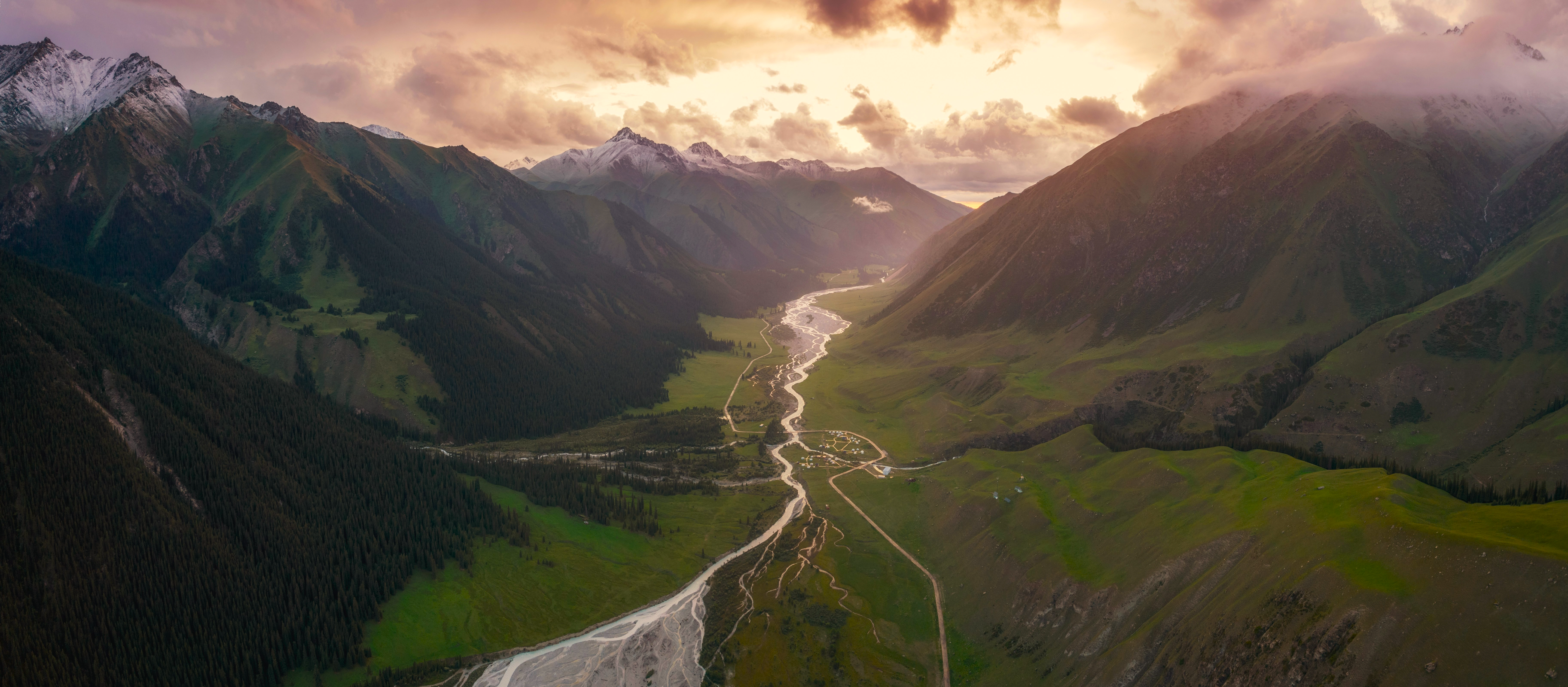 Nature Landscape Mountains River Clouds Forest Trees Valley Sunset Xinjiang China 3650x1600