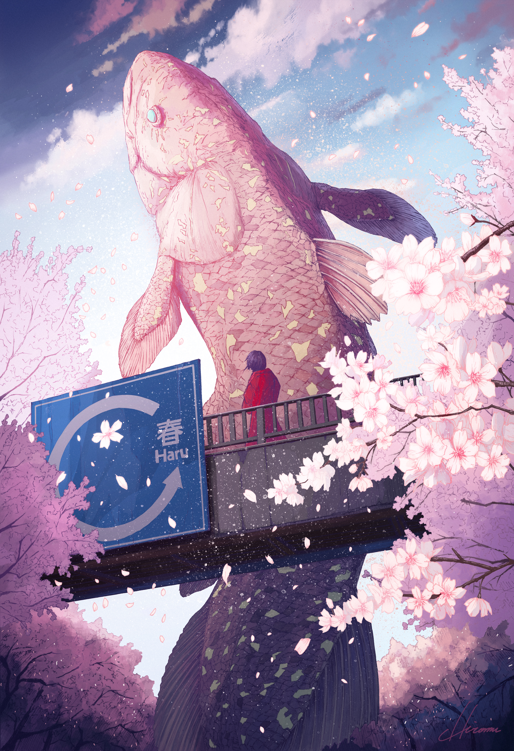 Hiromumaru Outdoors Portrait Display Standing Cherry Blossom Petals Clouds Sky Fish Signature Red Co 2051x3000