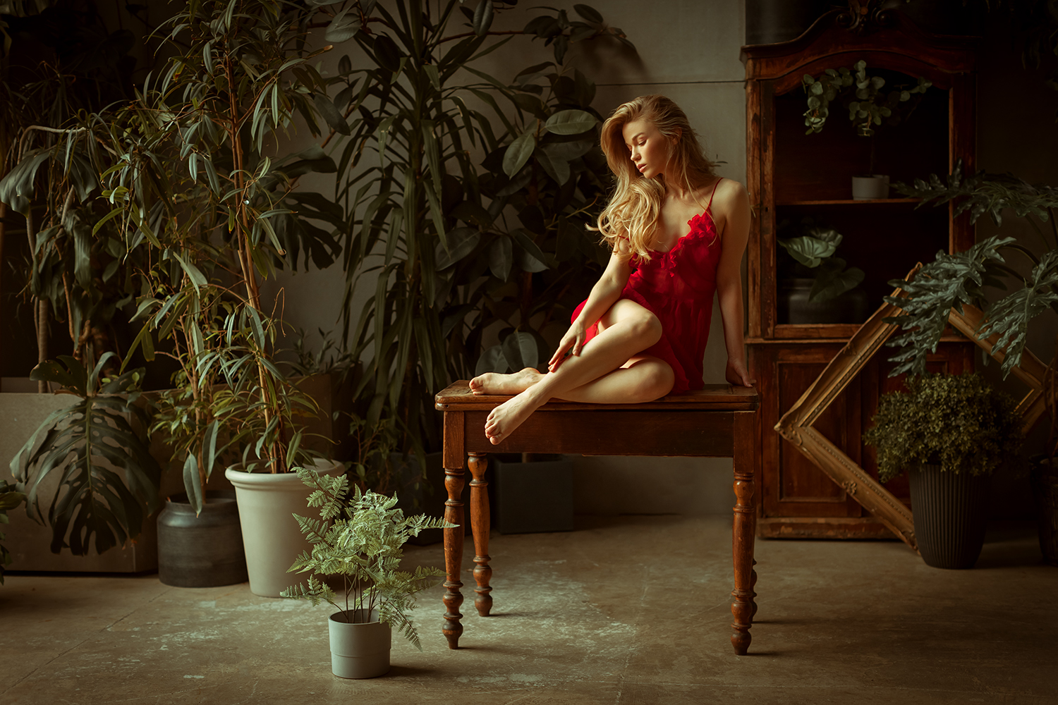 Denis Kotov Women Plants Red Dress Barefoot On Table 1500x1000