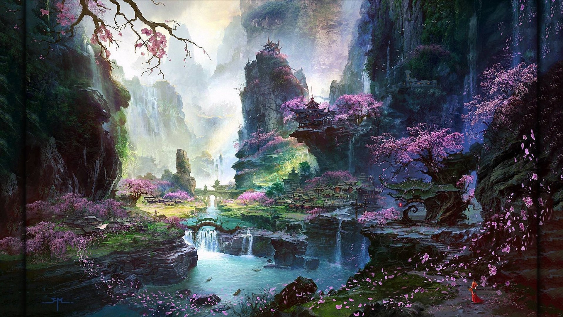 Fan Ming Valley Fantasy Art Cherry Blossom 1920x1080