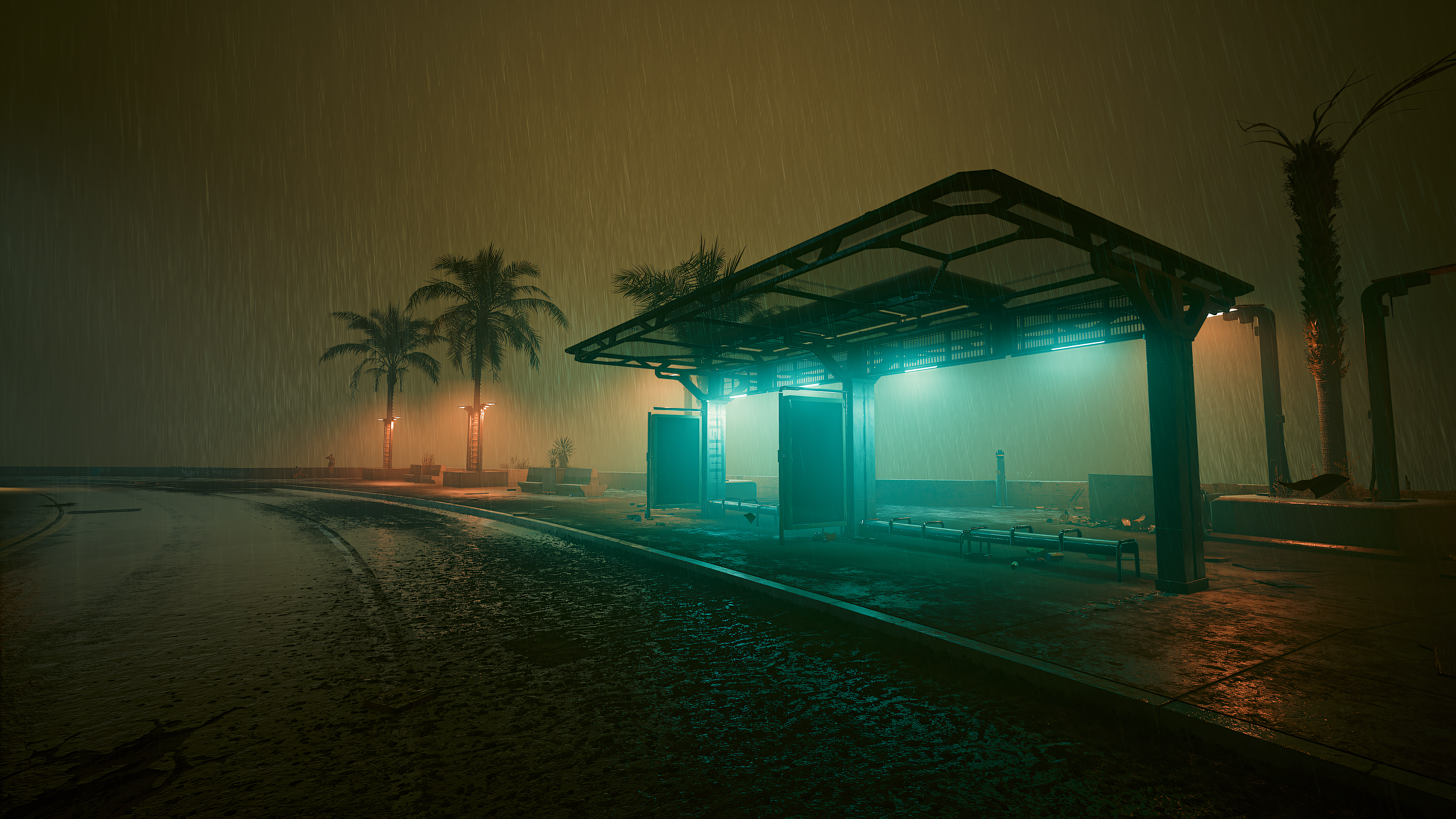 Rain Fog Palm Trees Bus Stop Cyberpunk 2077 Lights Wet Road Reflection Road Night Video Game Art Vid 3840x2160