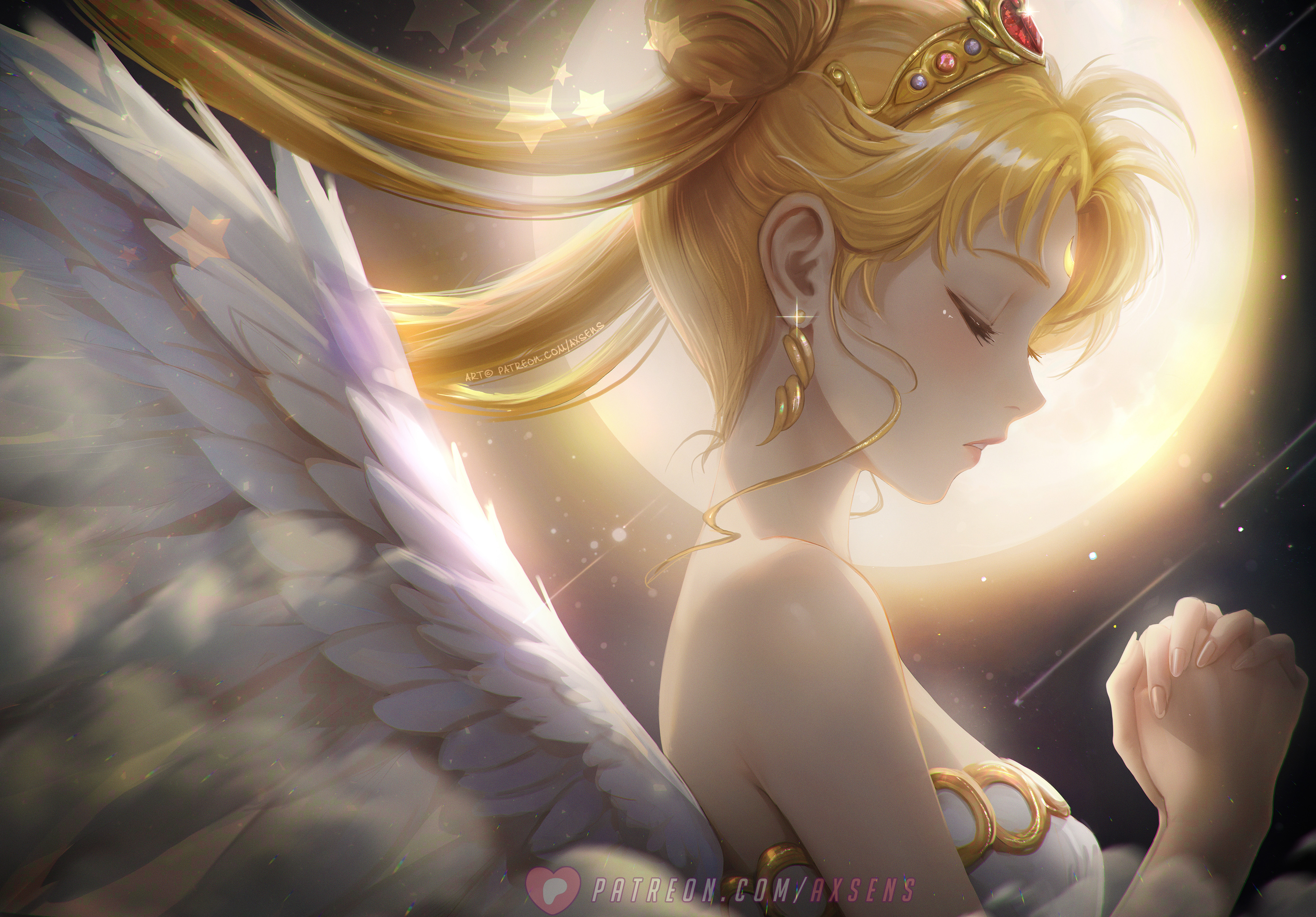 Axsens Sailor Moon Anime Girls Blonde Long Hair Wings Moon Closed Eyes Earring Watermarked Fan Art W 4000x2789