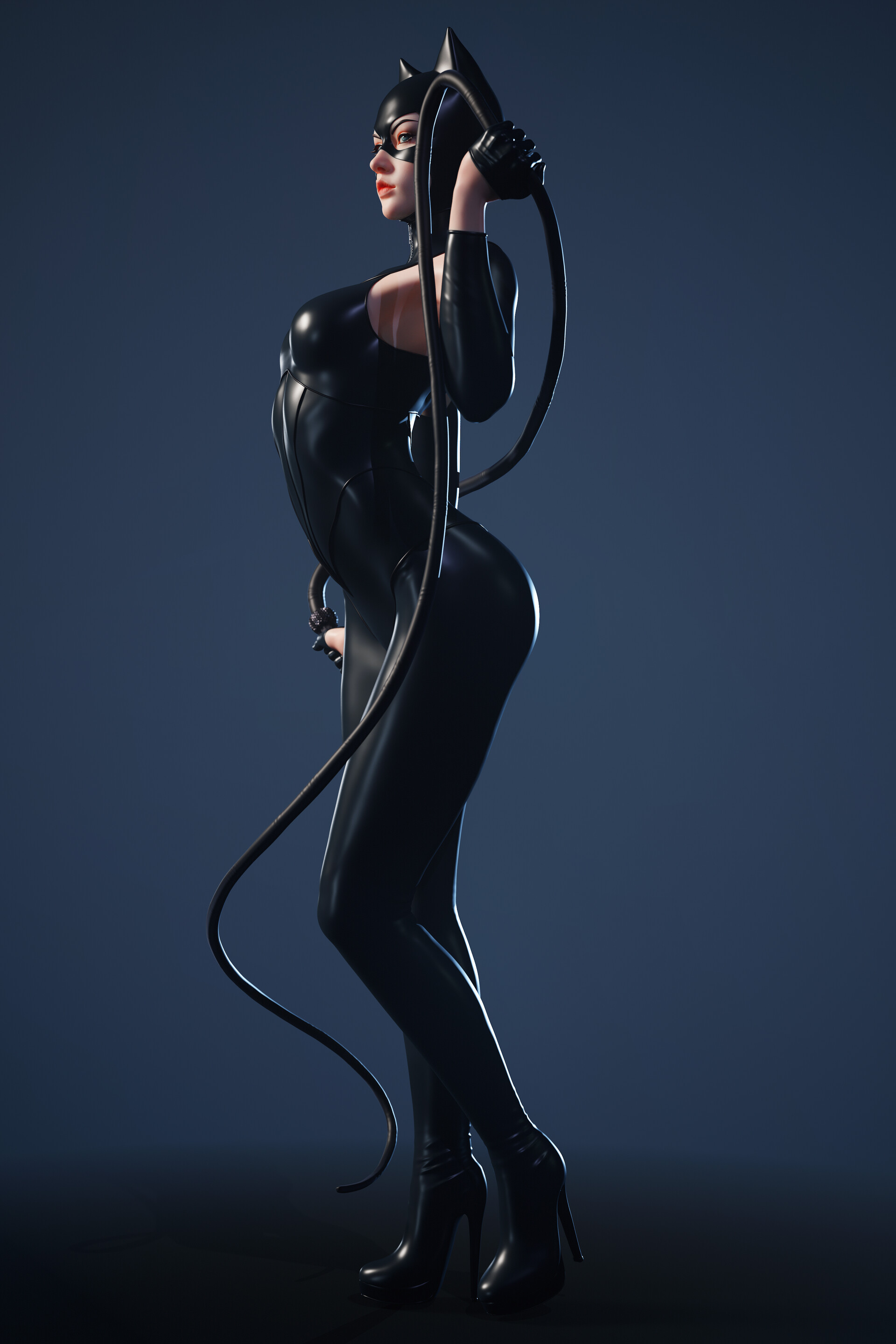 Zhang Fuzeng CGi Catwoman Whips Simple Background High Heels 1920x2880