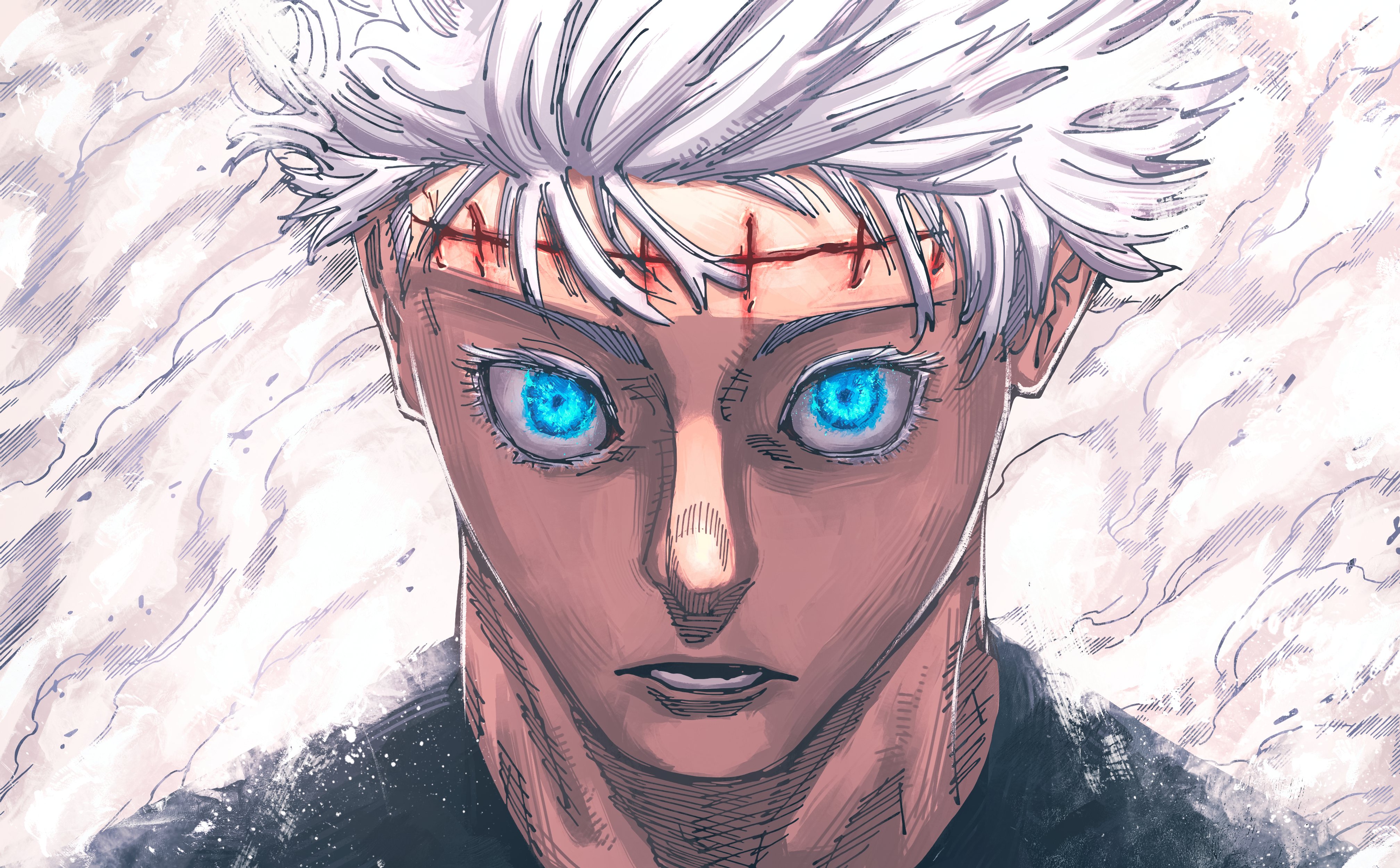 Jujutsu Kaisen Yuta Okkotsu Satoru Gojo Anime Boys Anime Men Blue Eyes White Hair Smoke Background 4032x2500