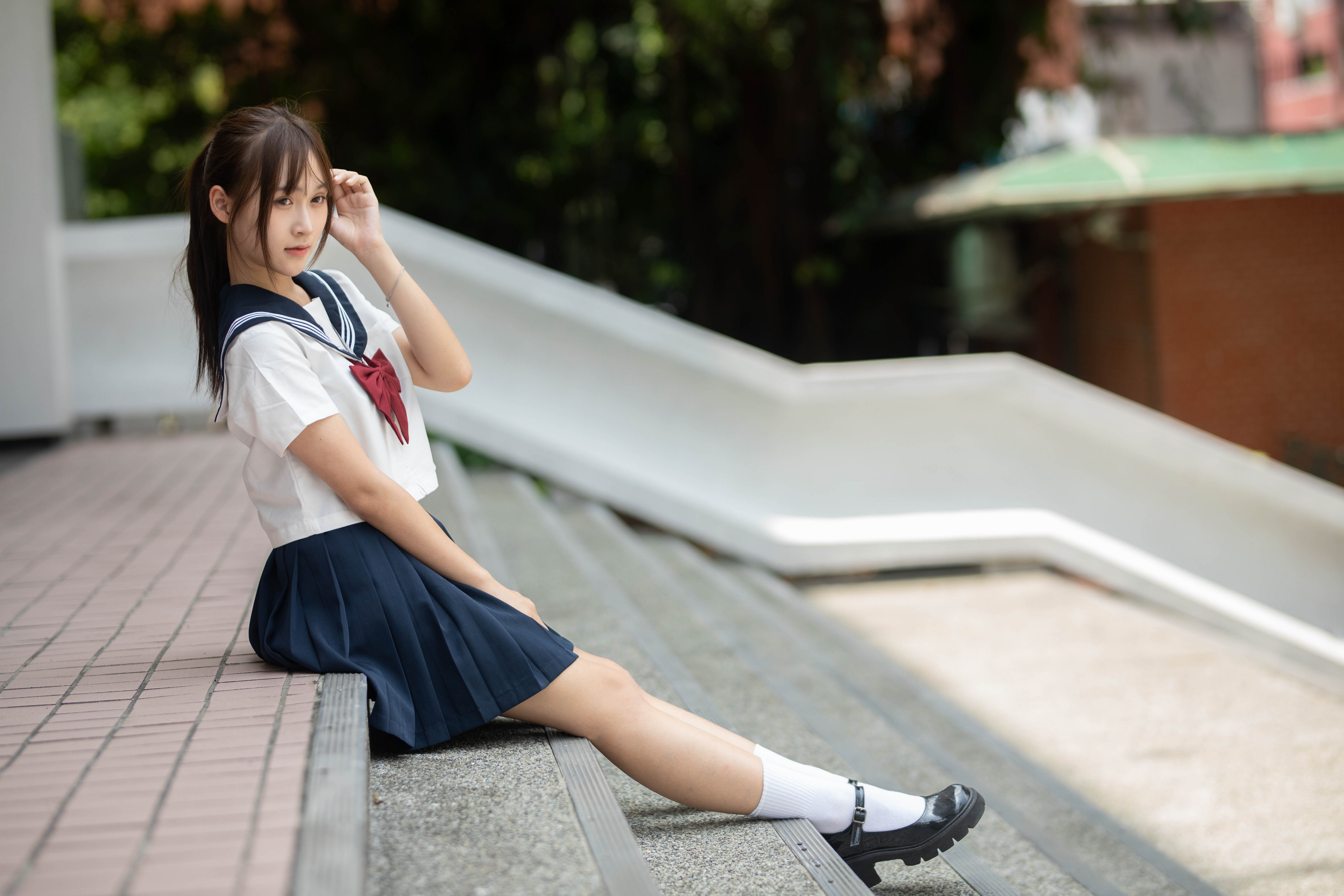 Asian Model Women Long Hair Dark Hair Sitting Stairs Socks White Socks Crew Socks Shoes Bangs Pleate 4500x3000