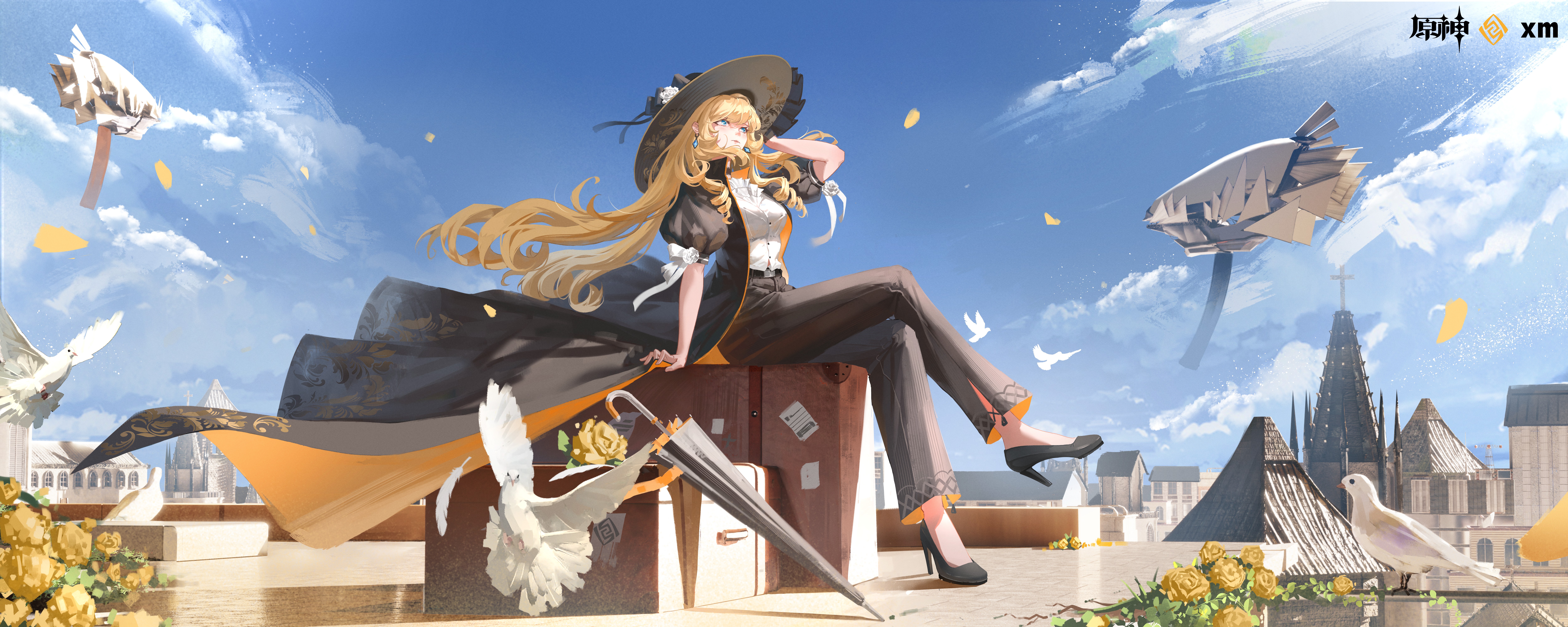 Anime Anime Girls Umbrella Flowers Suitcase Long Coat Blonde Blue Eyes Diamond Earrings Dove Sitting 10000x4000