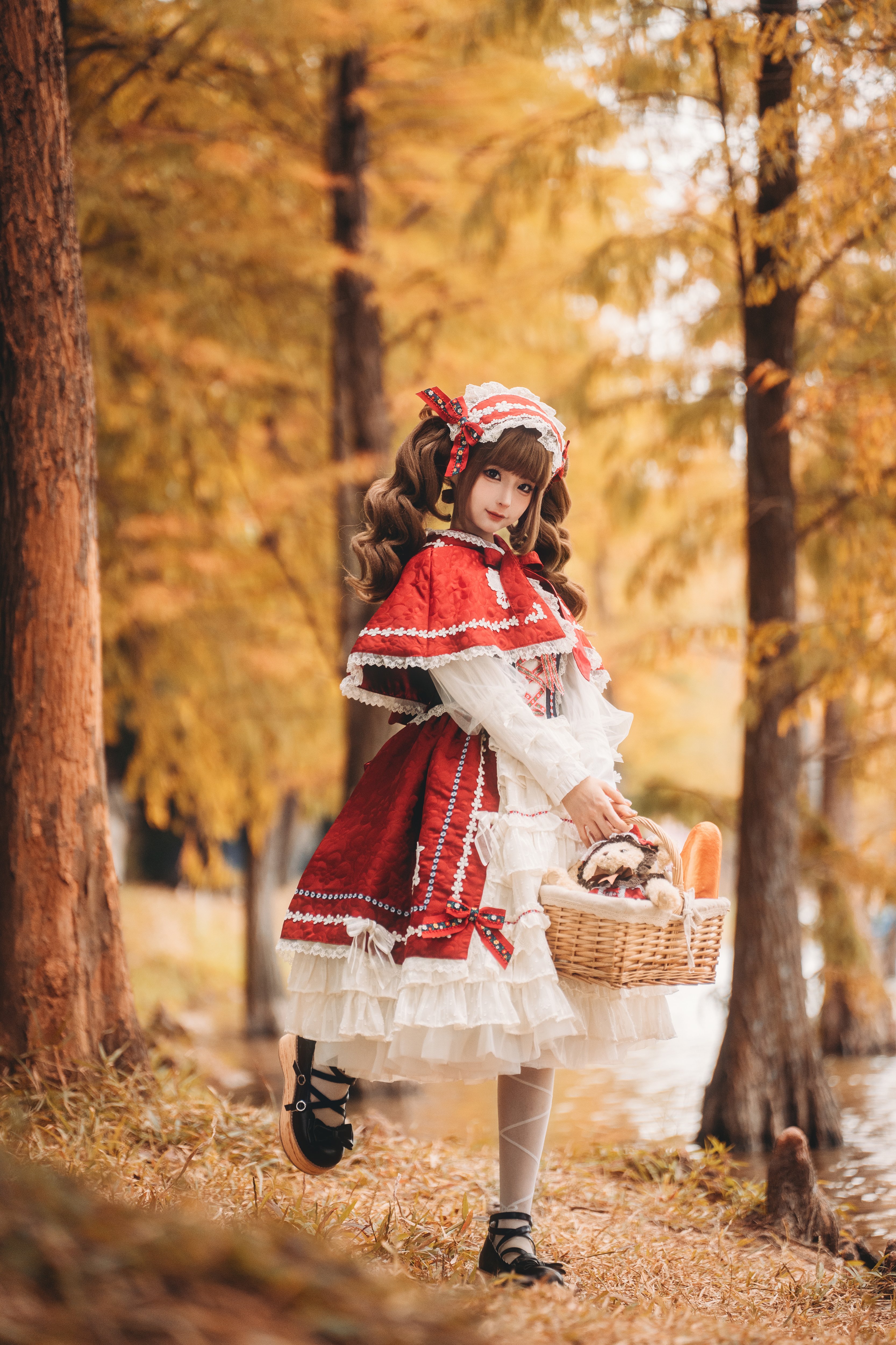 Cosplay Asian Little Red Riding Hood Depth Of Field Forest Twintails Baskets Bread 3333x5000