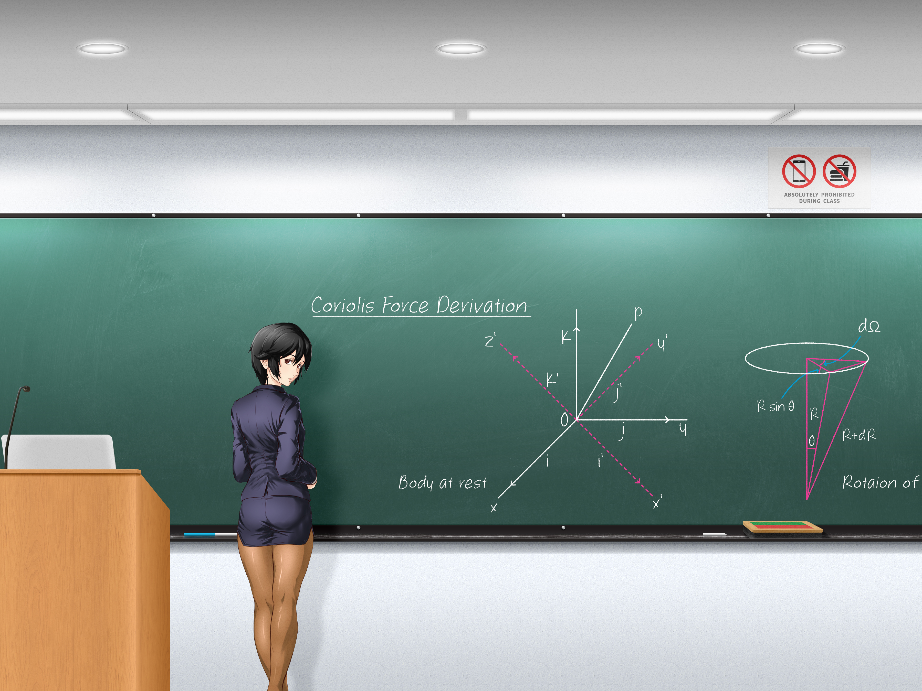 Coriolis Force College Lecture Hall Lecturer Physics Chalkboard Black Hair 3600x2700