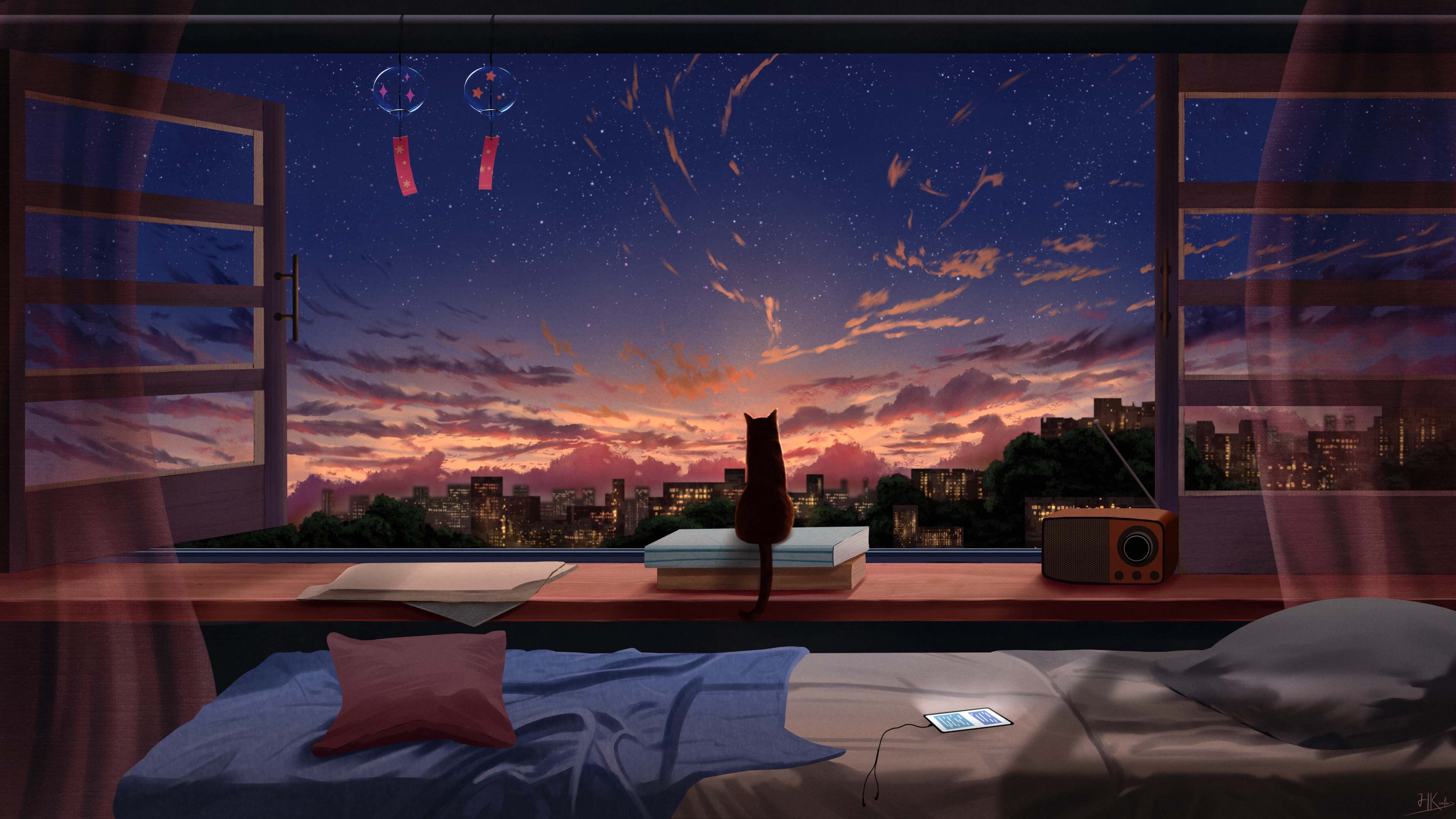 HKcutie Digital Art Artwork Illustration Sunset Sky Clouds Stars Cats Animals Window Interior City C 3840x2160