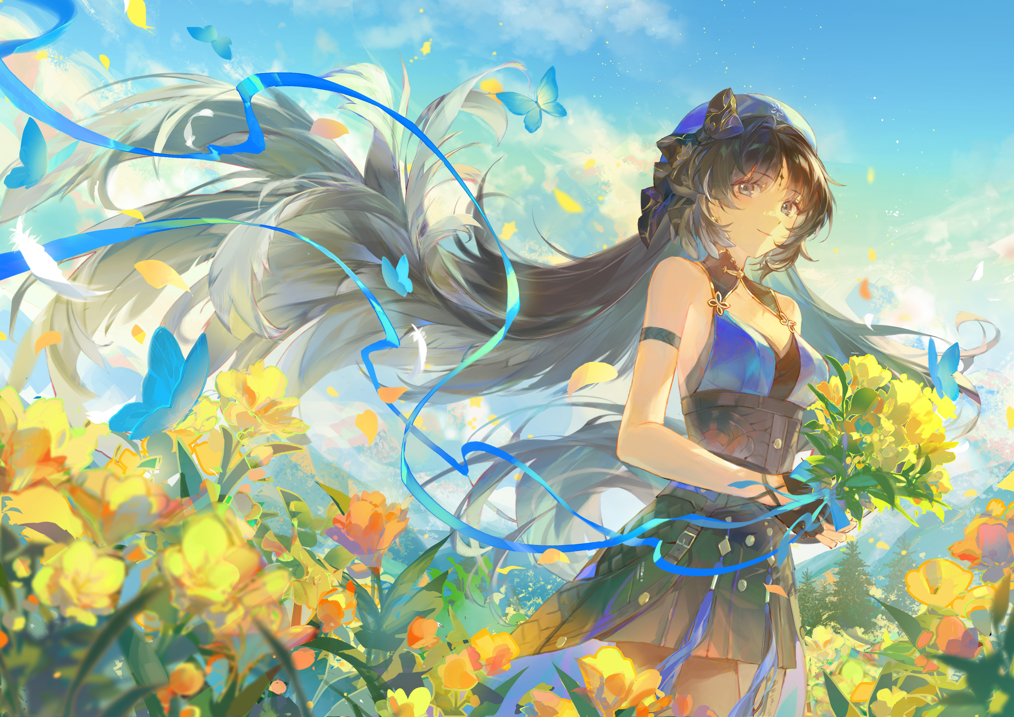 Wuthering Waves Flowers Looking Back Long Hair Yangyang Wuthering Waves Blue Butterflies Smiling Wom 3508x2480