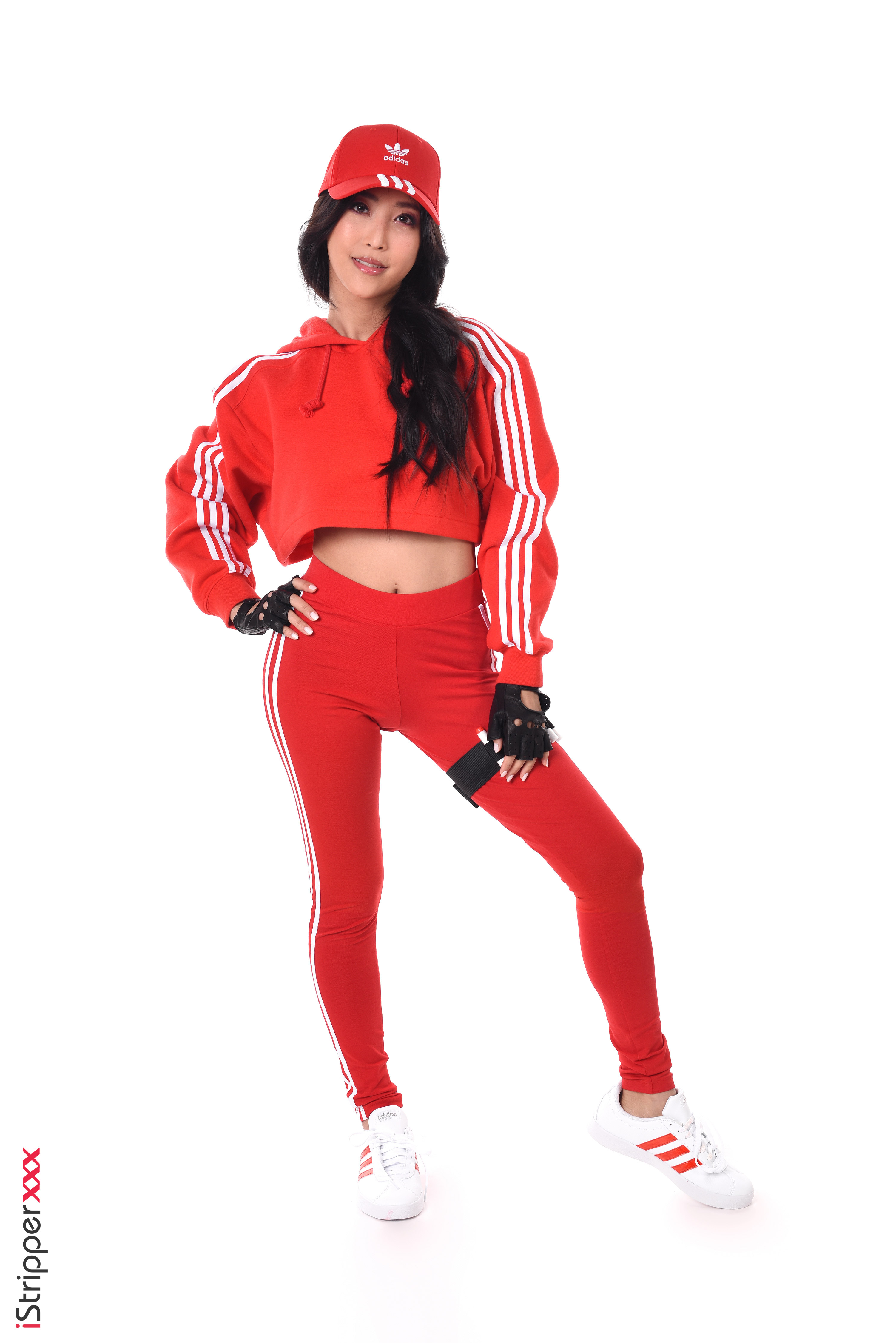 Women Brunette Asian Long Hair Red Pants Red Blouse Leather Gloves Standing White Background Studio  3003x4500
