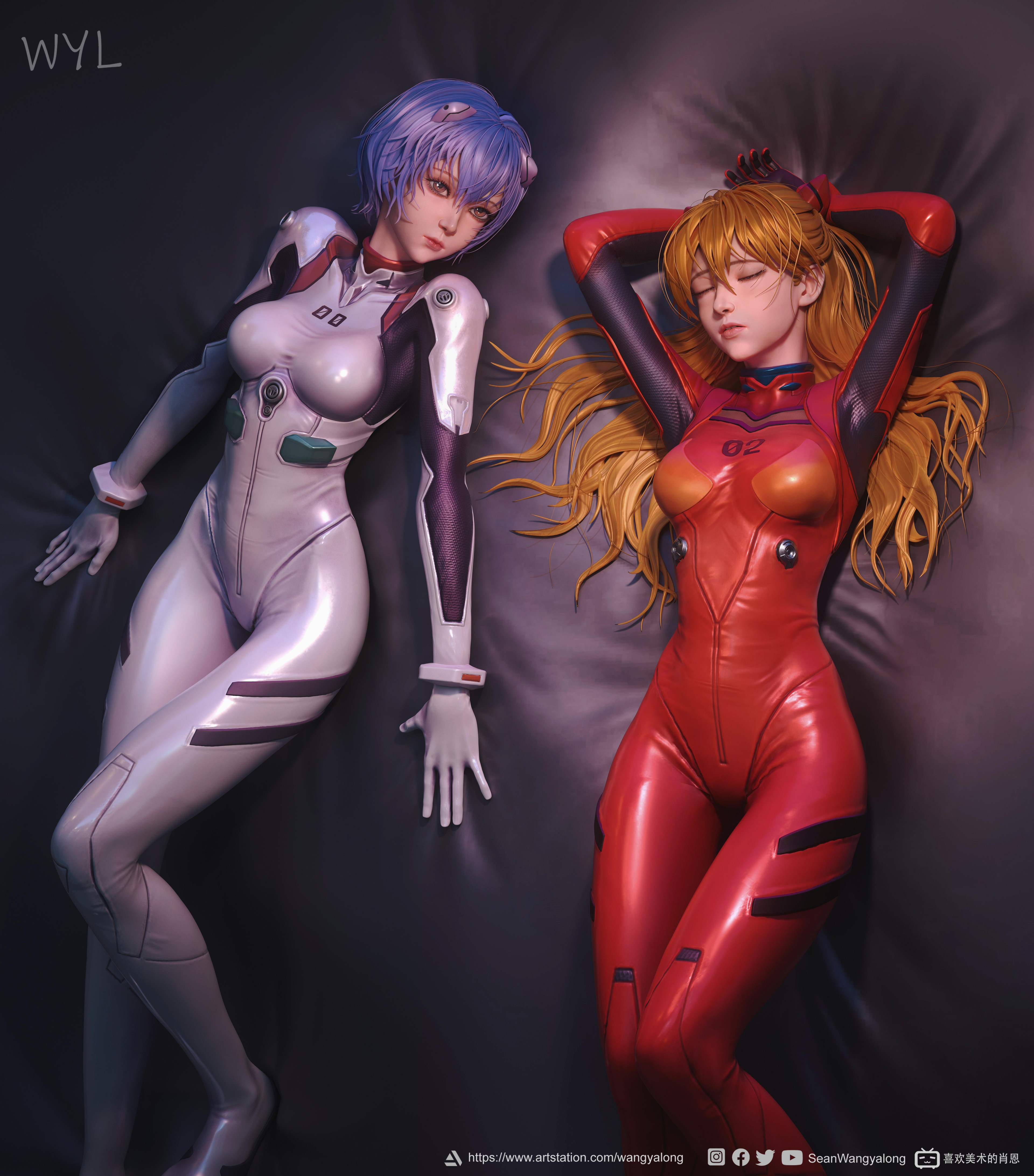 Ayanami Rei CGi Neon Genesis Evangelion Bodysuit Red Clothing Redhead Two Women 3840x4365