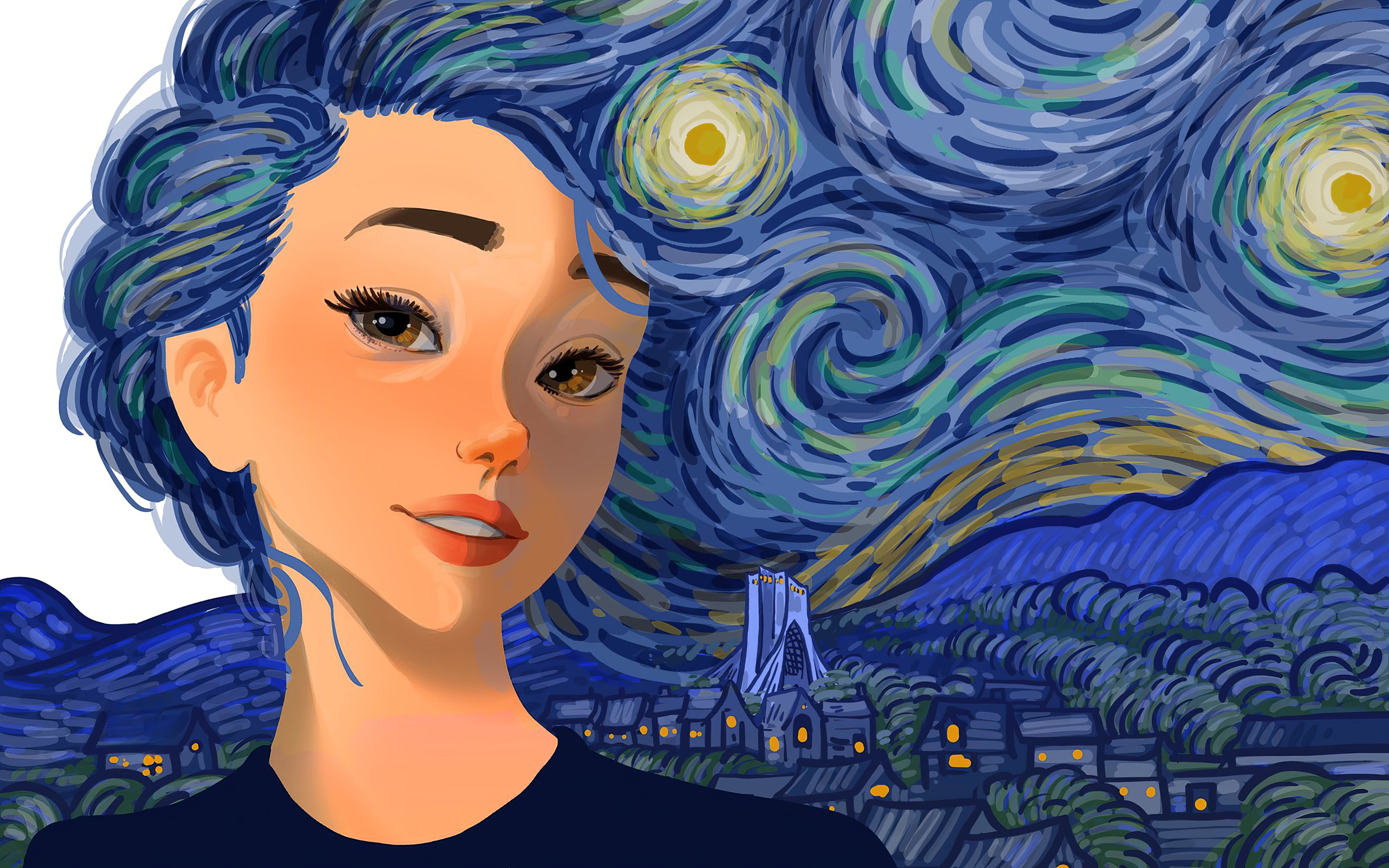 Vincent Van Gogh Alireza Karimi Moghaddam Women Nose Eyes Lips Blue Hair 4378x2736