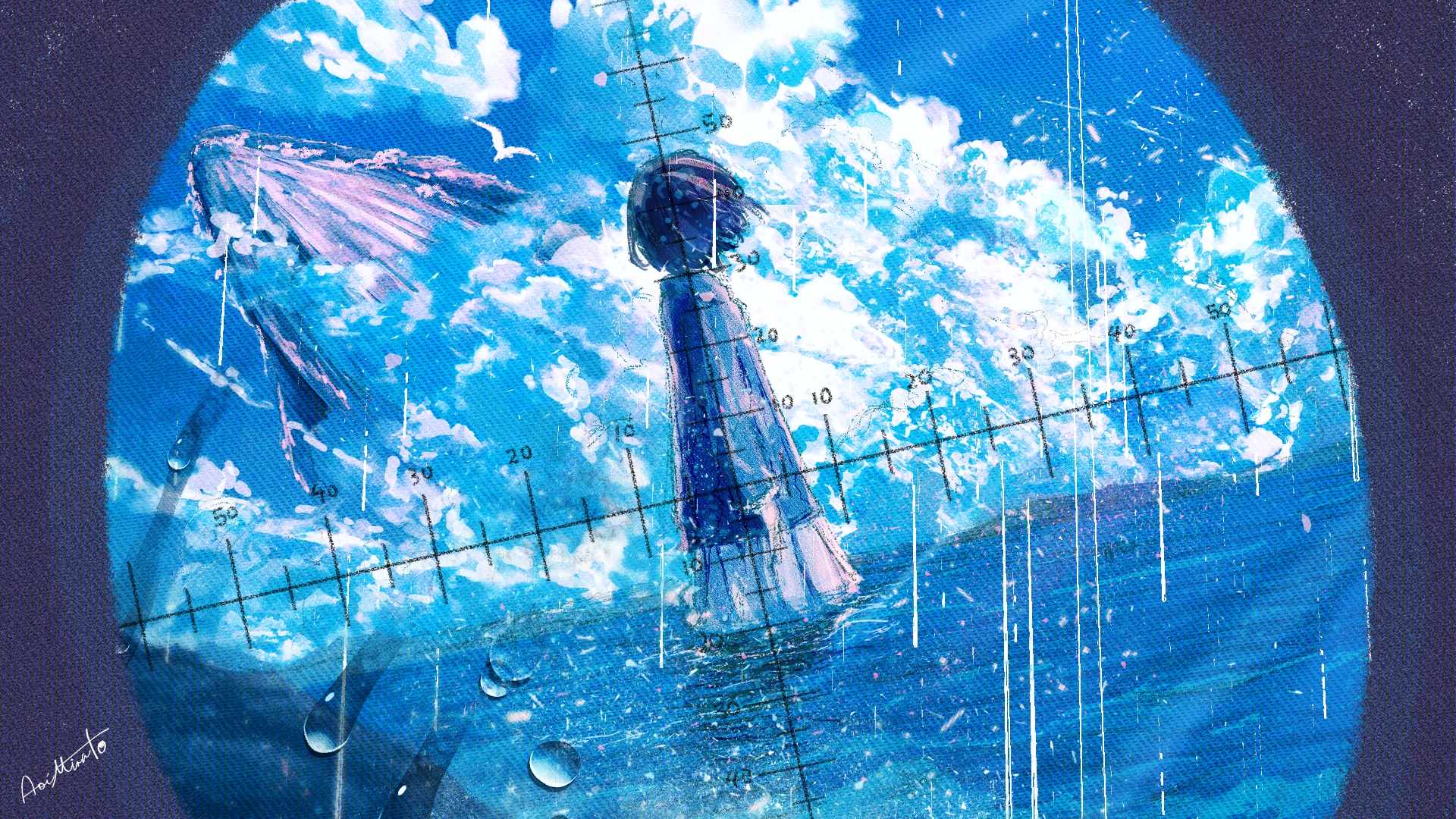 Anime Anime Girls Whale Water Drops Short Hair Clouds Scopes Sea 1920x1080