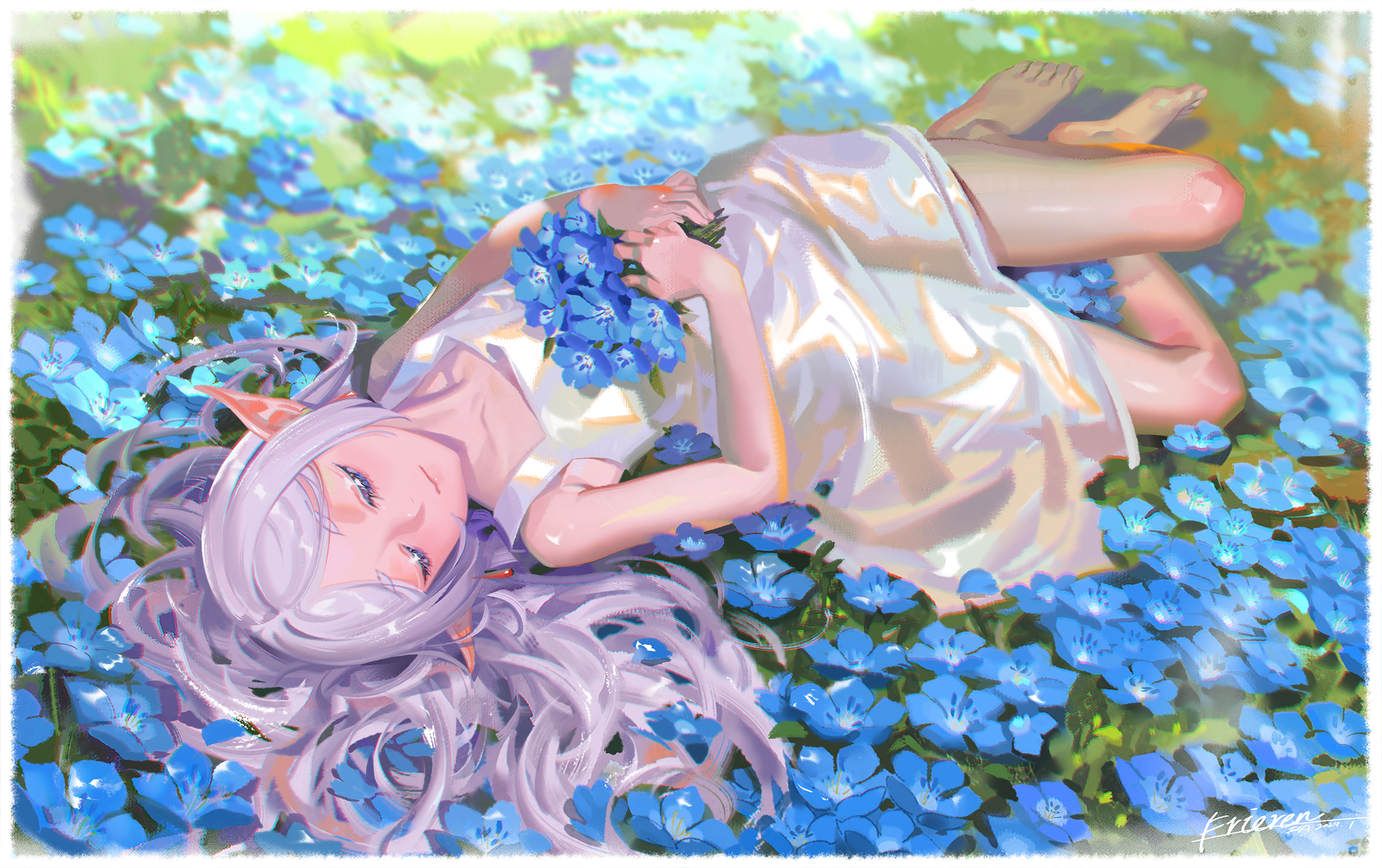 Sousou No Frieren Grass Anime Girls Pointy Ears Frieren Women Outdoors Lying On Back Lying Down Clos 2500x1570