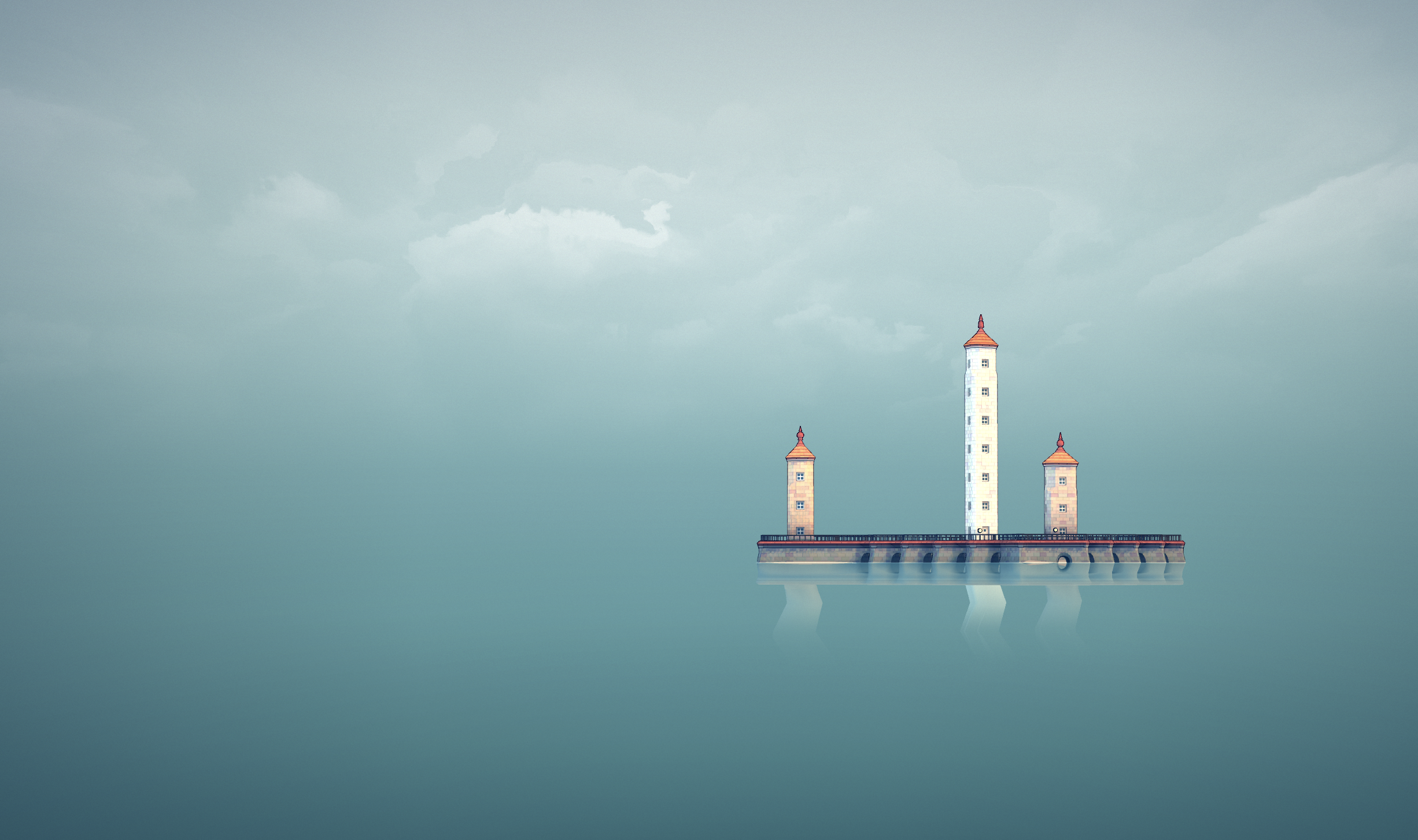 Online Games Minimalism House Tower Building Clouds Sea Bridge Simple Background Townscaper 2452x1454