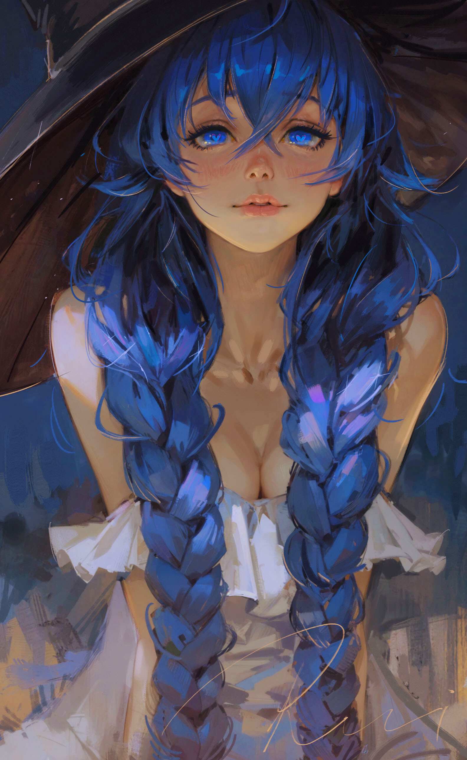 Rui Li Drawing French Braided Pigtails Blue Eyes Witch Hat Blue Hair 1584x2577