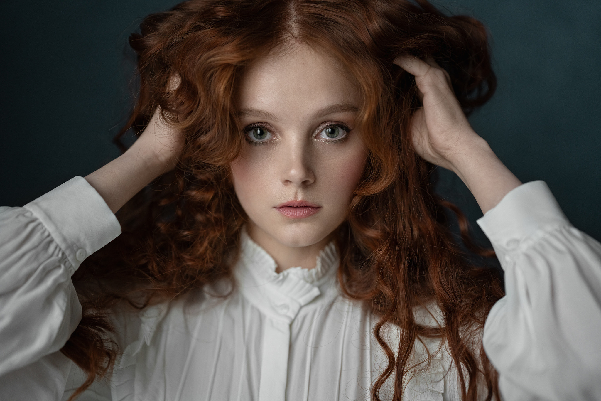 Aleksandr Kurennoi Women Hands In Hair Redhead Portrait Blue Eyes Closeup Simple Background 2048x1366