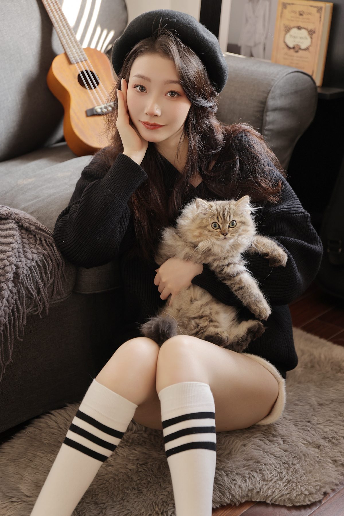 Model Asian Knee High Socks Socks Cats Women Brunette Black Sweater Striped Socks Sitting On The Flo 1200x1800