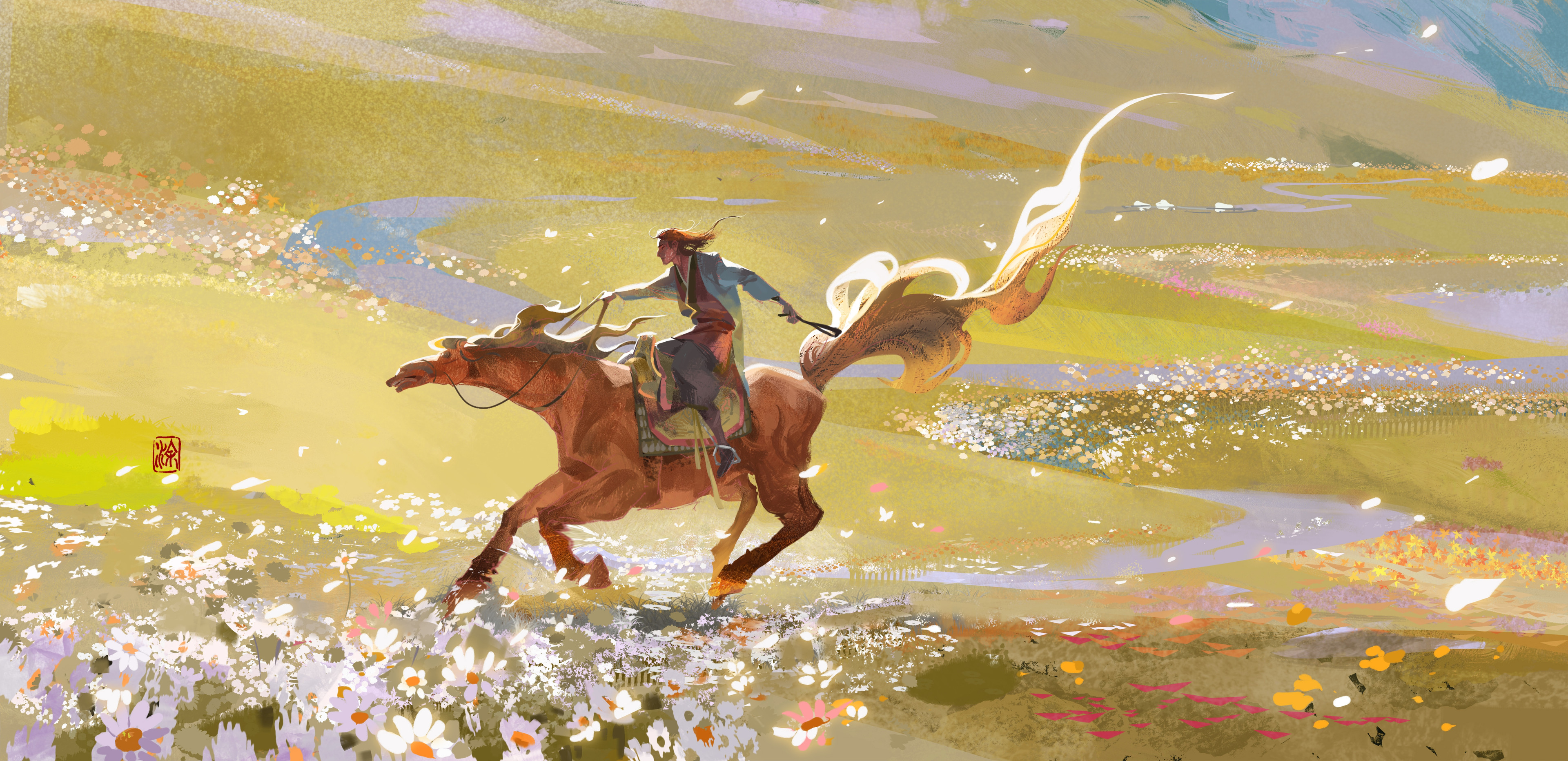 Tea Me Drawing Horse Riding Flowers Field Watermarked 3840x1864