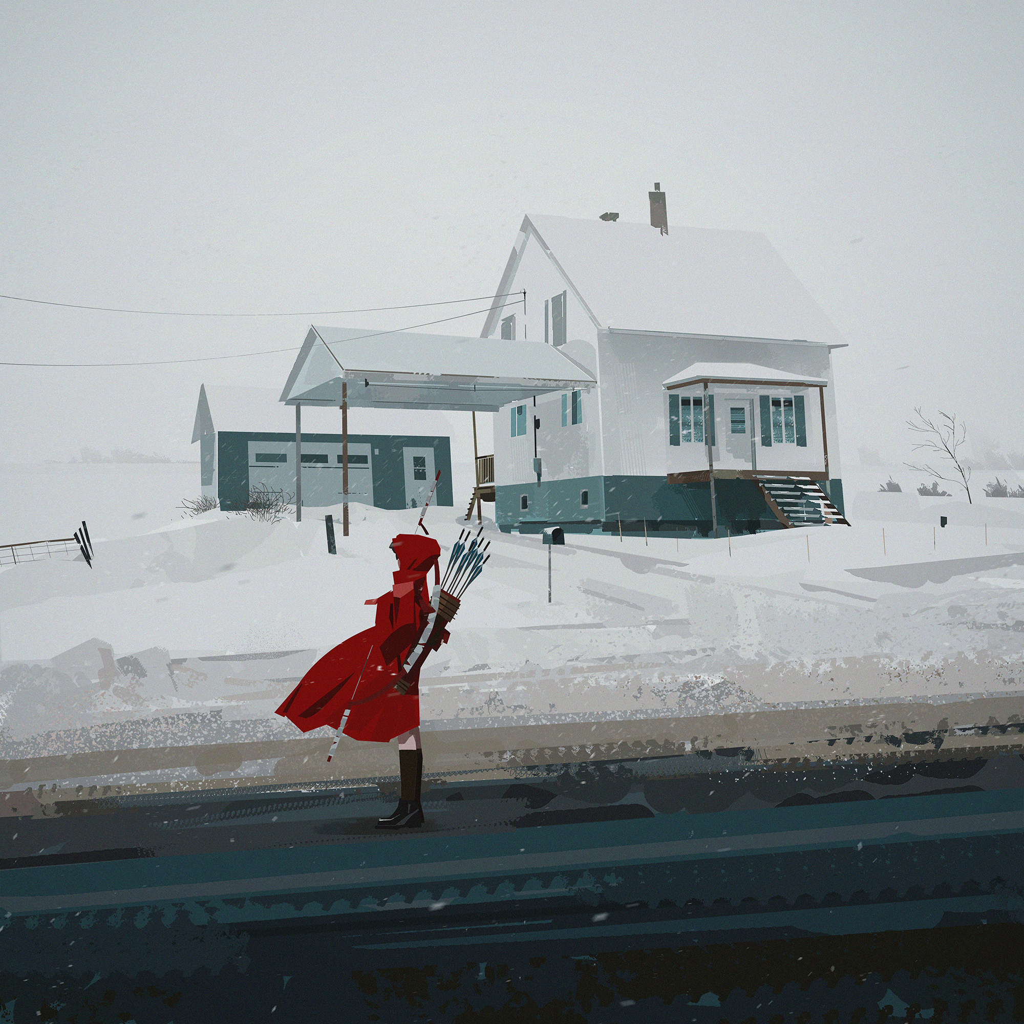 Yun Ling Digital Art Artwork Illustration Digital Painting House Snow Women Road Winter Bow Little R 2000x2000