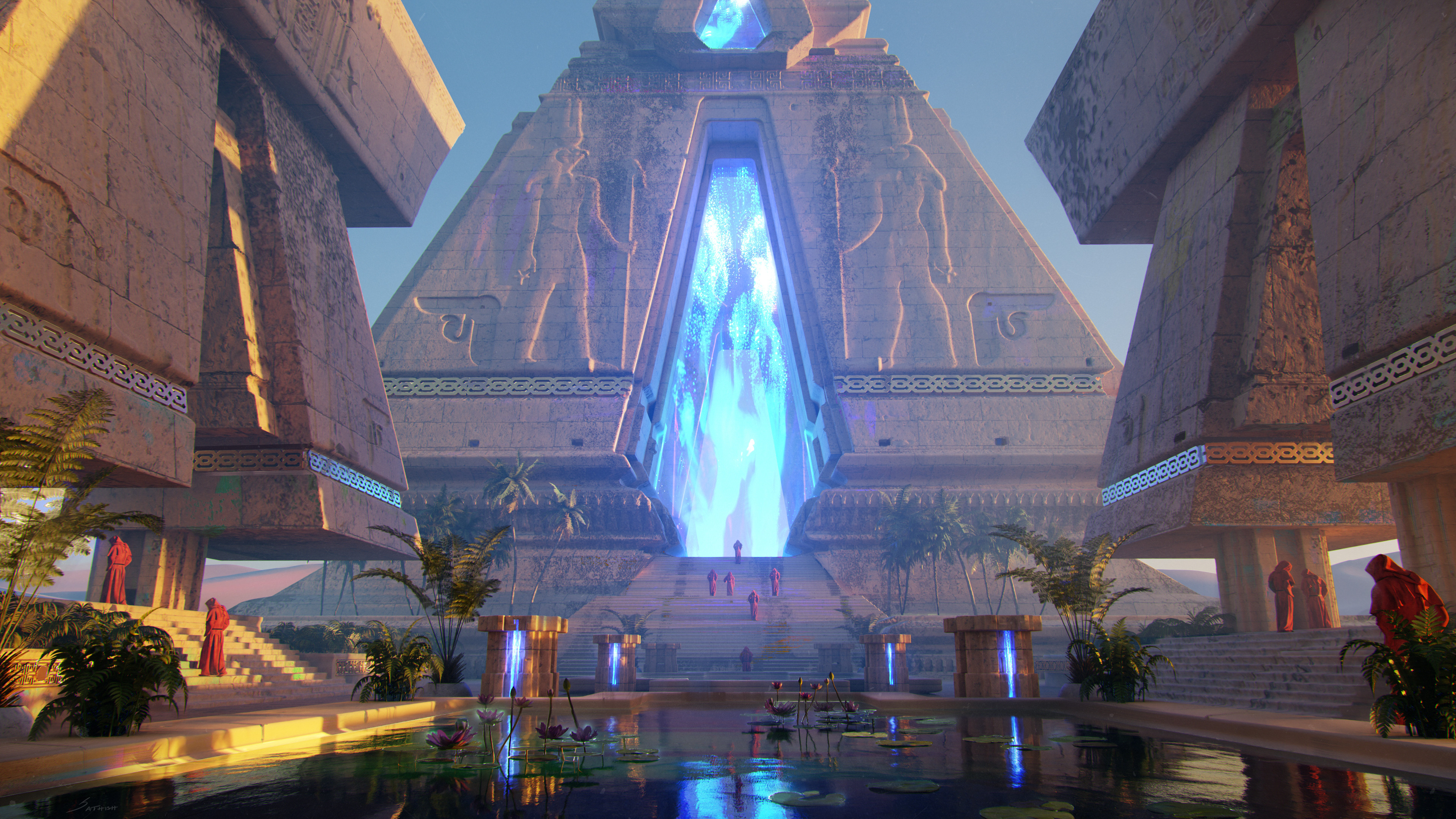 Artwork Digital Art Concept Art Ancient Architecture Plants Trees Lake Lotus People The Source Egypt 3840x2160