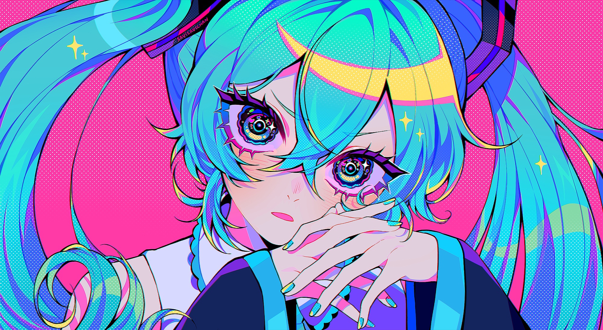 Anime Anime Girls Vocaloid Hatsune Miku Cyan Hair Aqua Eyes Blue Nails Looking At Viewer 2000x1096