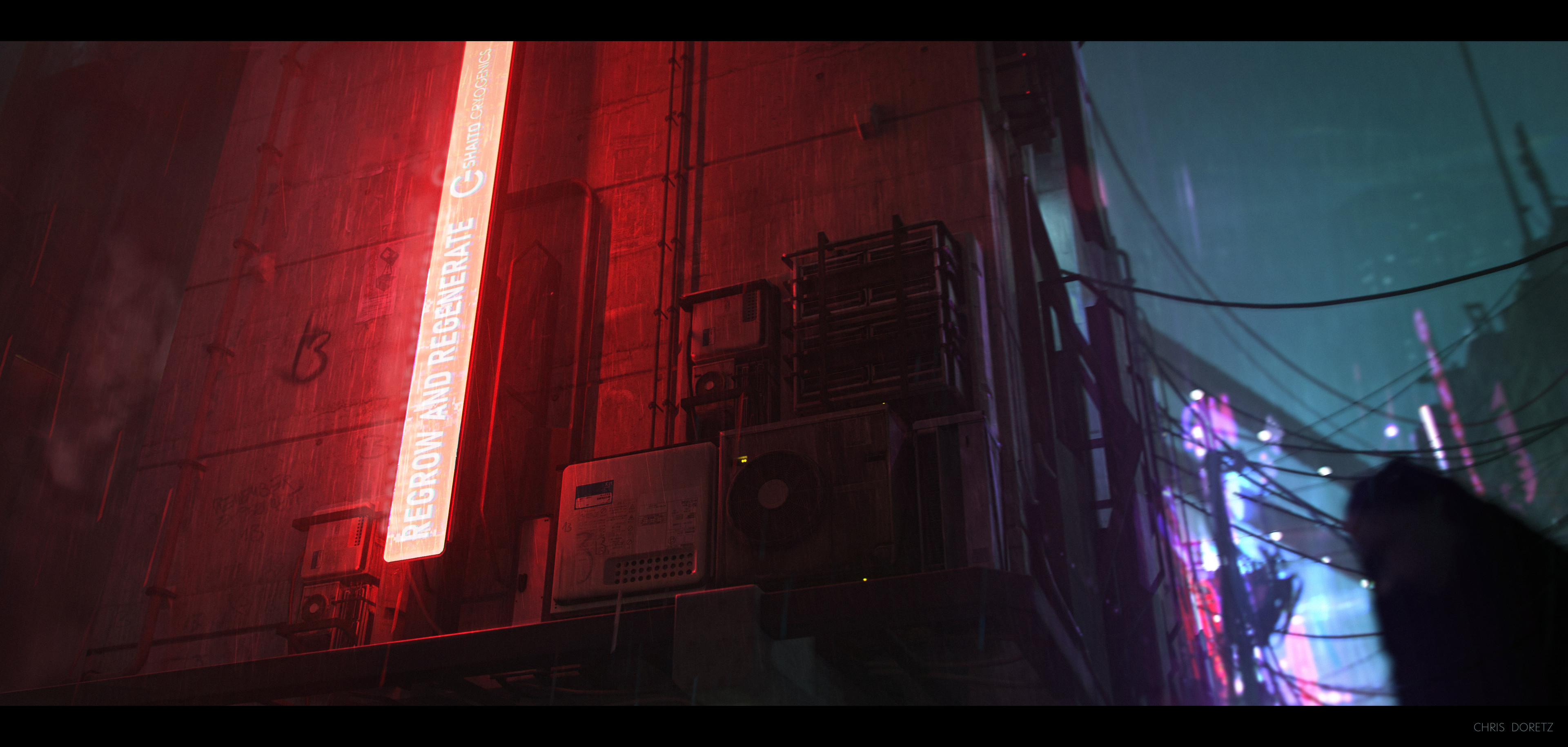 Chris Doretz Science Fiction Cyberpunk Architectural Concept Digital Art Neon Glowing Rain Night Vid 3840x1829