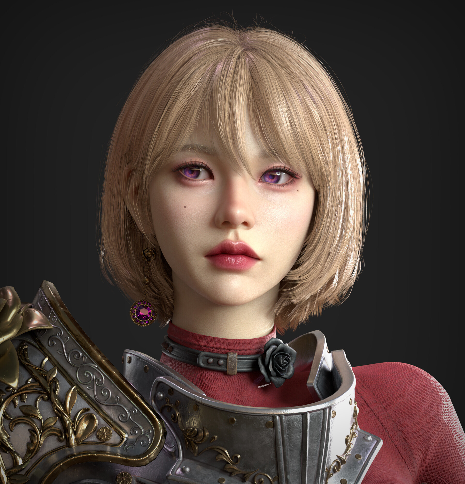 Shin Jungeun CGi Women Blonde Armor Purple Eyes Pale 1920x2000