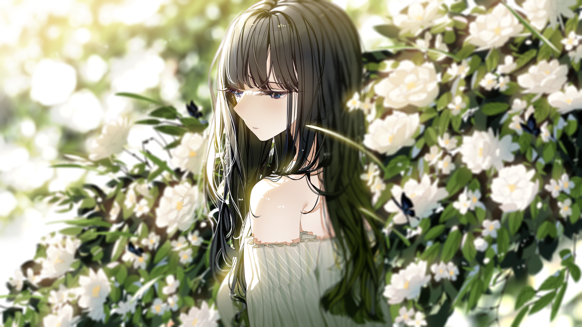 Atha Original Characters Looking Sideways Long Hair White Flowers White Tops Blue Eyes Parted Lips B 1920x1080