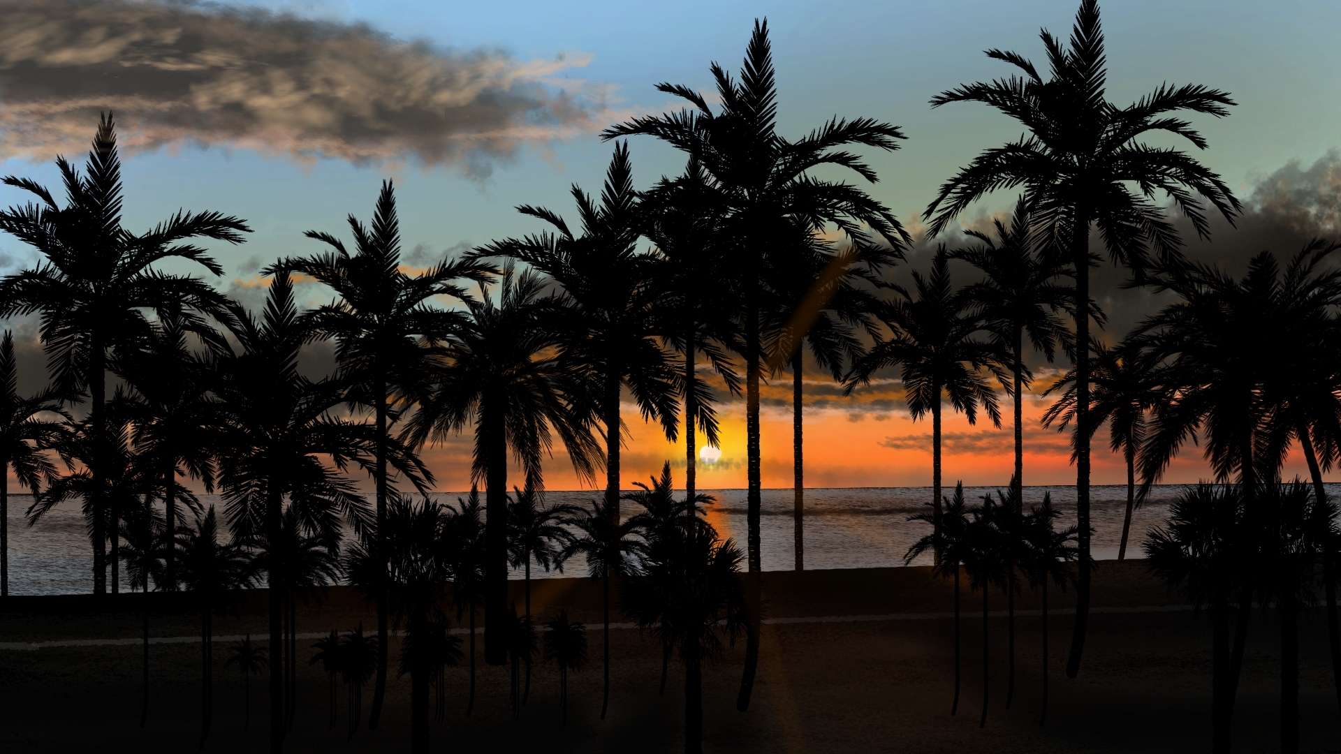 Digital Painting Digital Art Nature Beach Tropical Sunset Ocean View 1920x1080