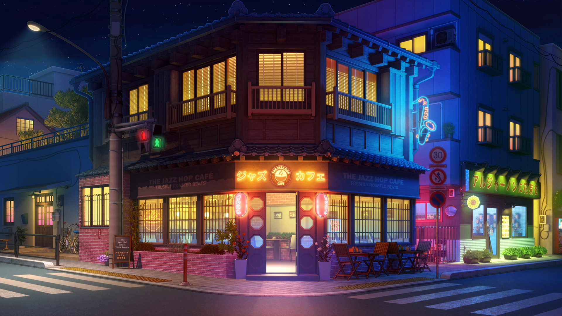 Digital Art Japan Street Coffee LoFi Jazz Night Cafe 1920x1080