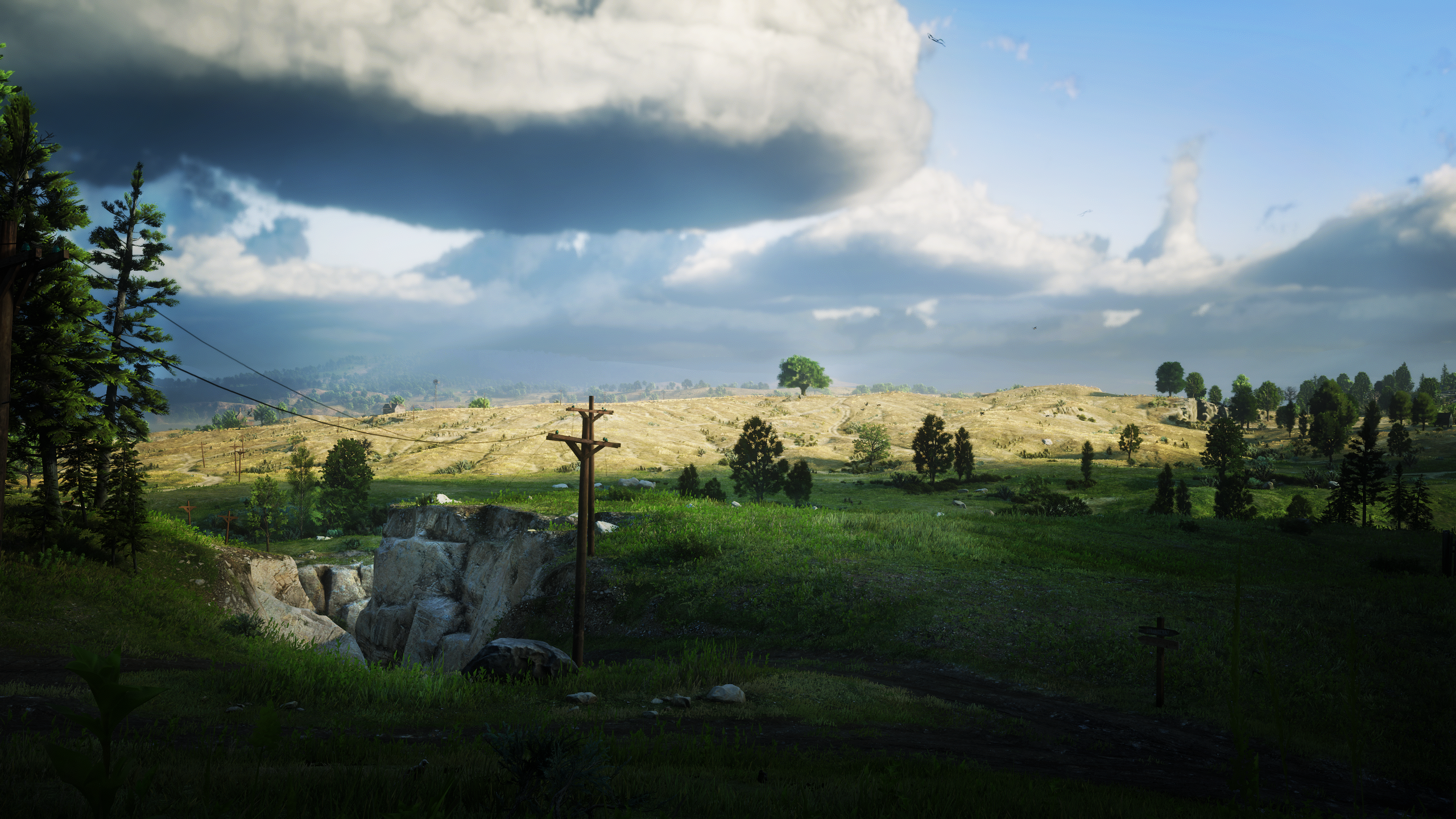 Red Dead Redemption 2 Nature CGi Digital Art Valley High Noon Field Dirt Road Hills 2560x1440