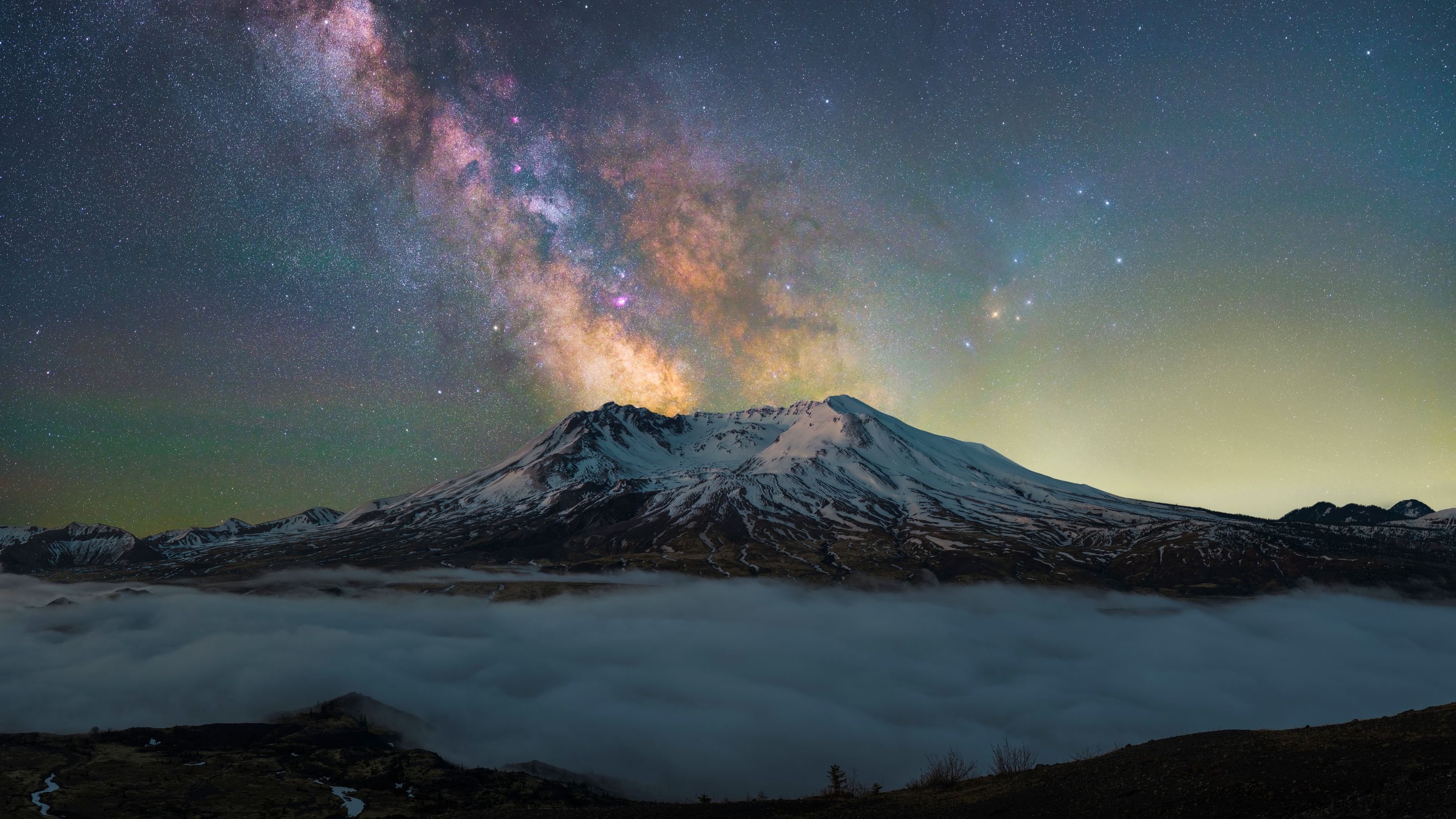 Nature Landscape Night Sky Mist Snowy Peak Space Galaxy Stars Milky Way Washington State USA Mount S 3200x1800