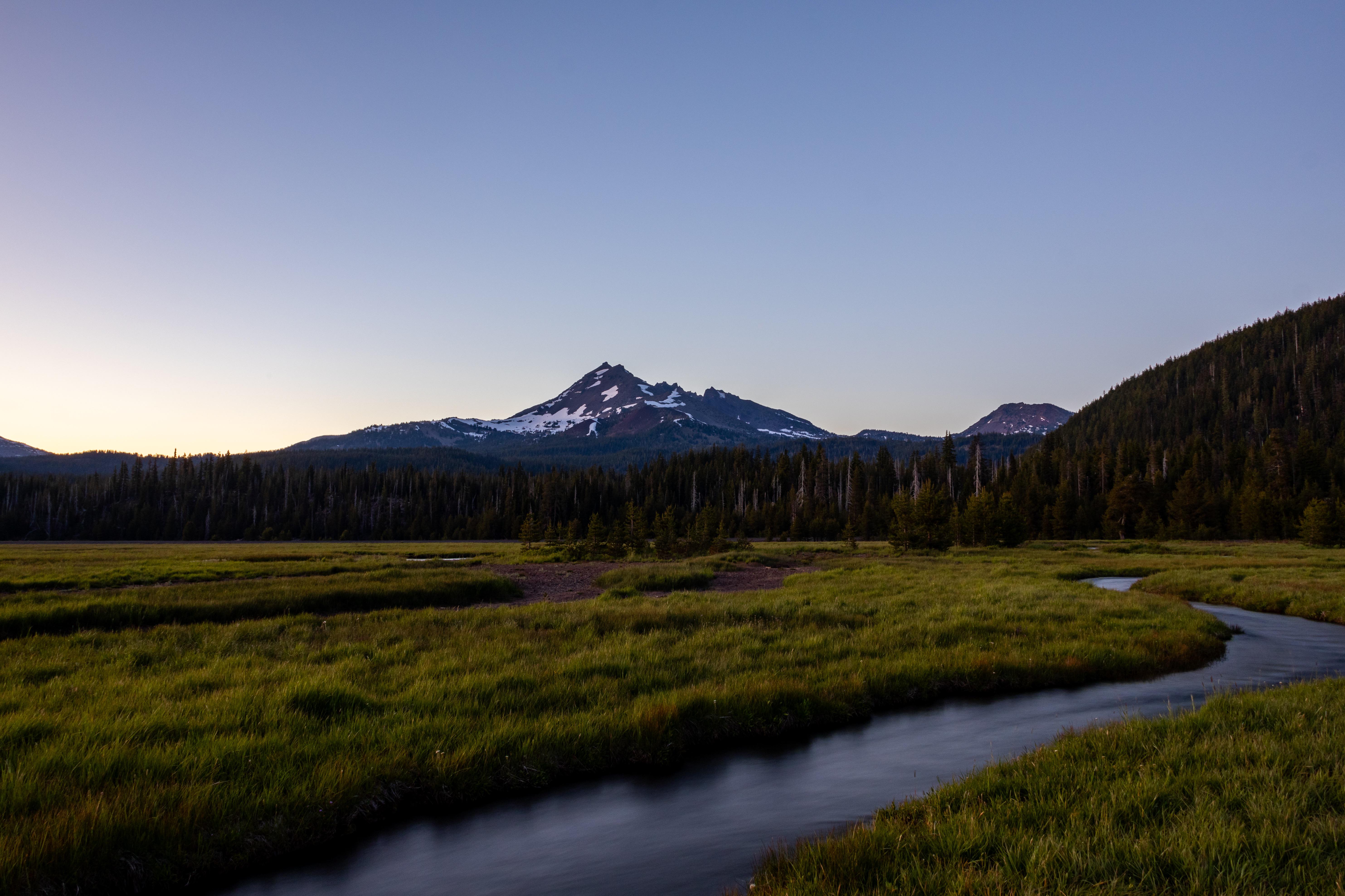 River Sunset Landscape Nature Oregon Mountains Forest Field USA North America Pine Trees Snow 5933x3955