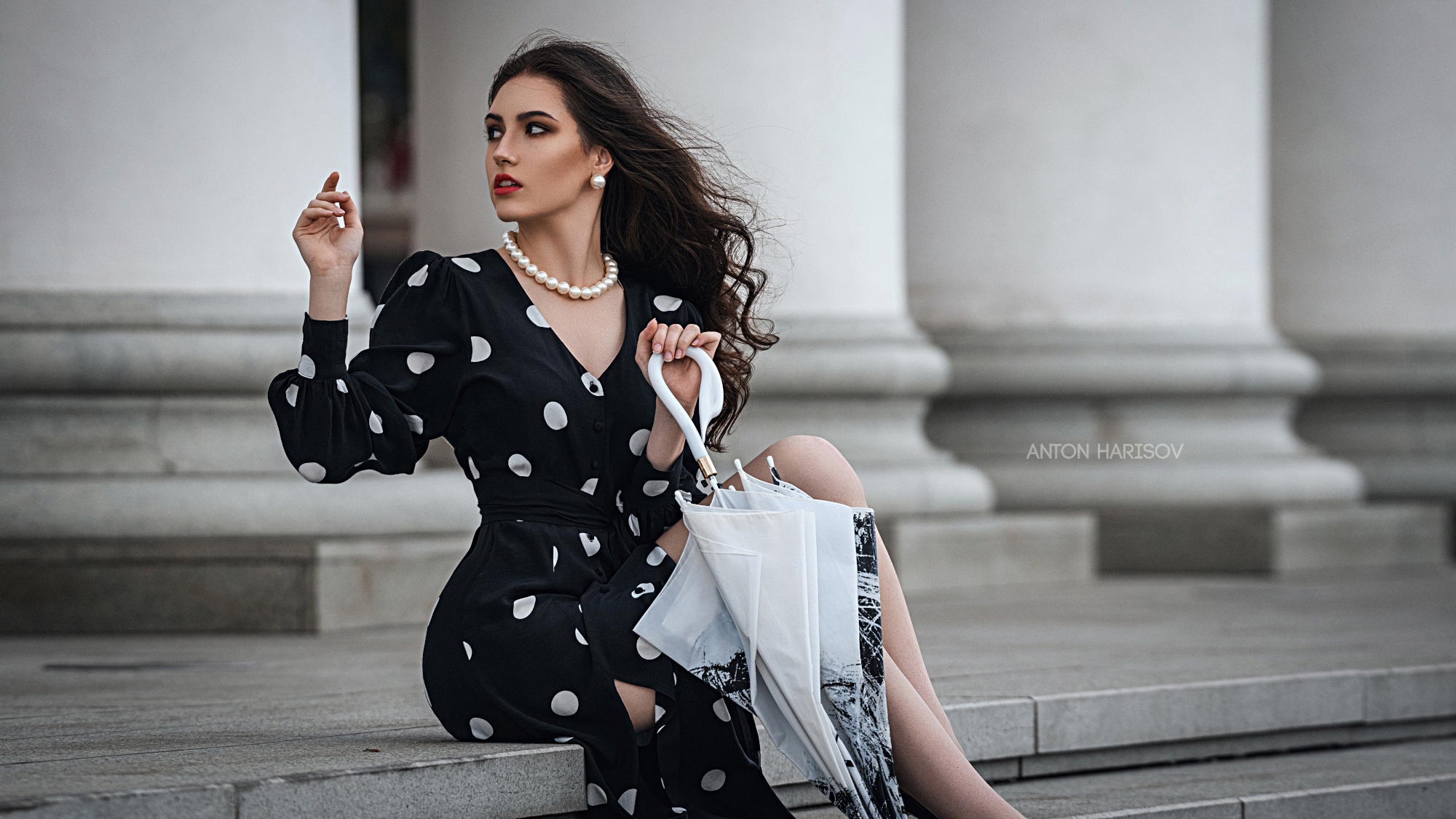 Model Red Lipstick Black Dress Necklace Looking Away Long Hair Sitting Outdoors Anton Harisov Women  2000x1125