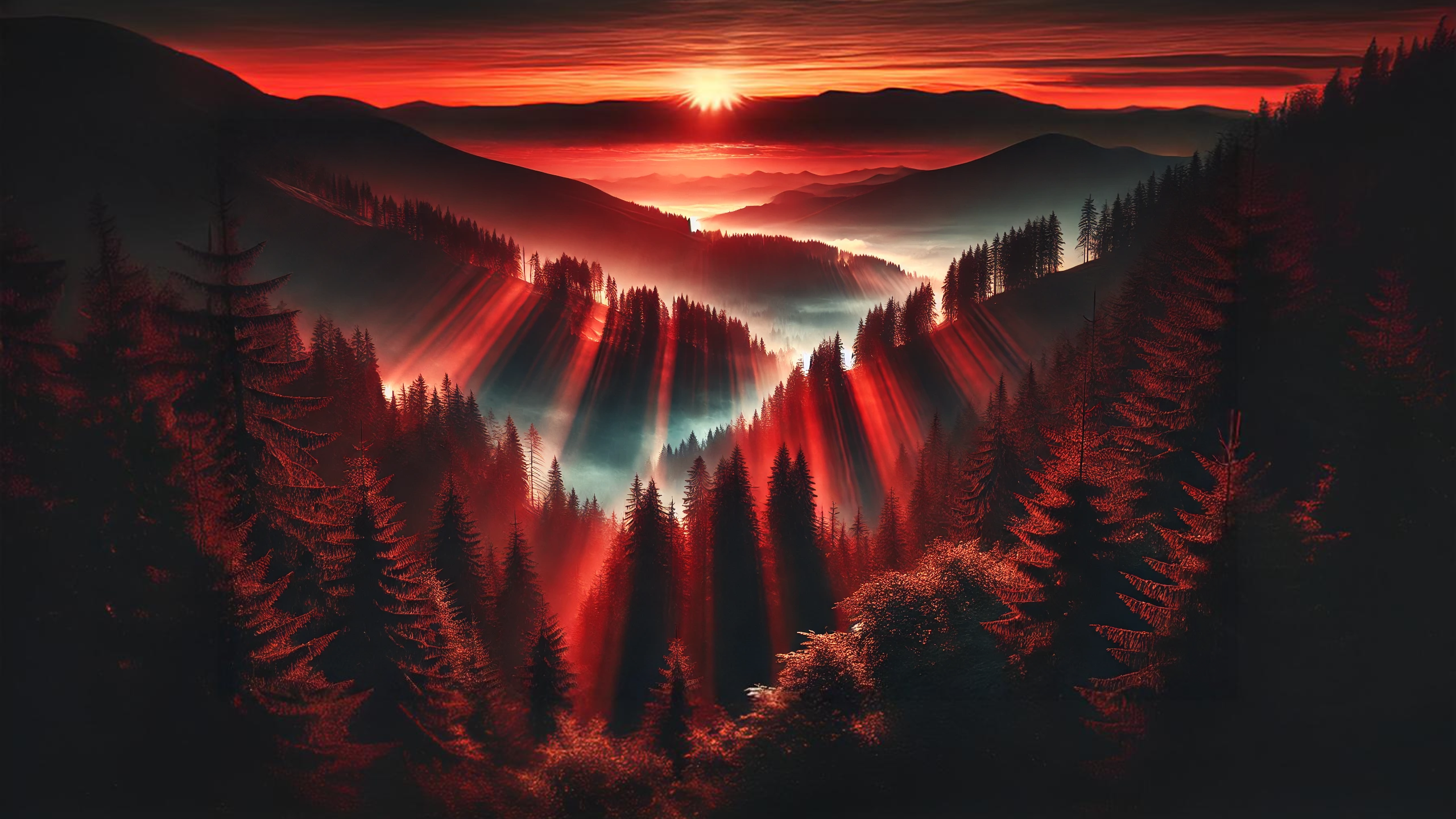 Nature Planet Earth Red Sun Sunset Dawn Wood Forest Ai Art 2560x1440