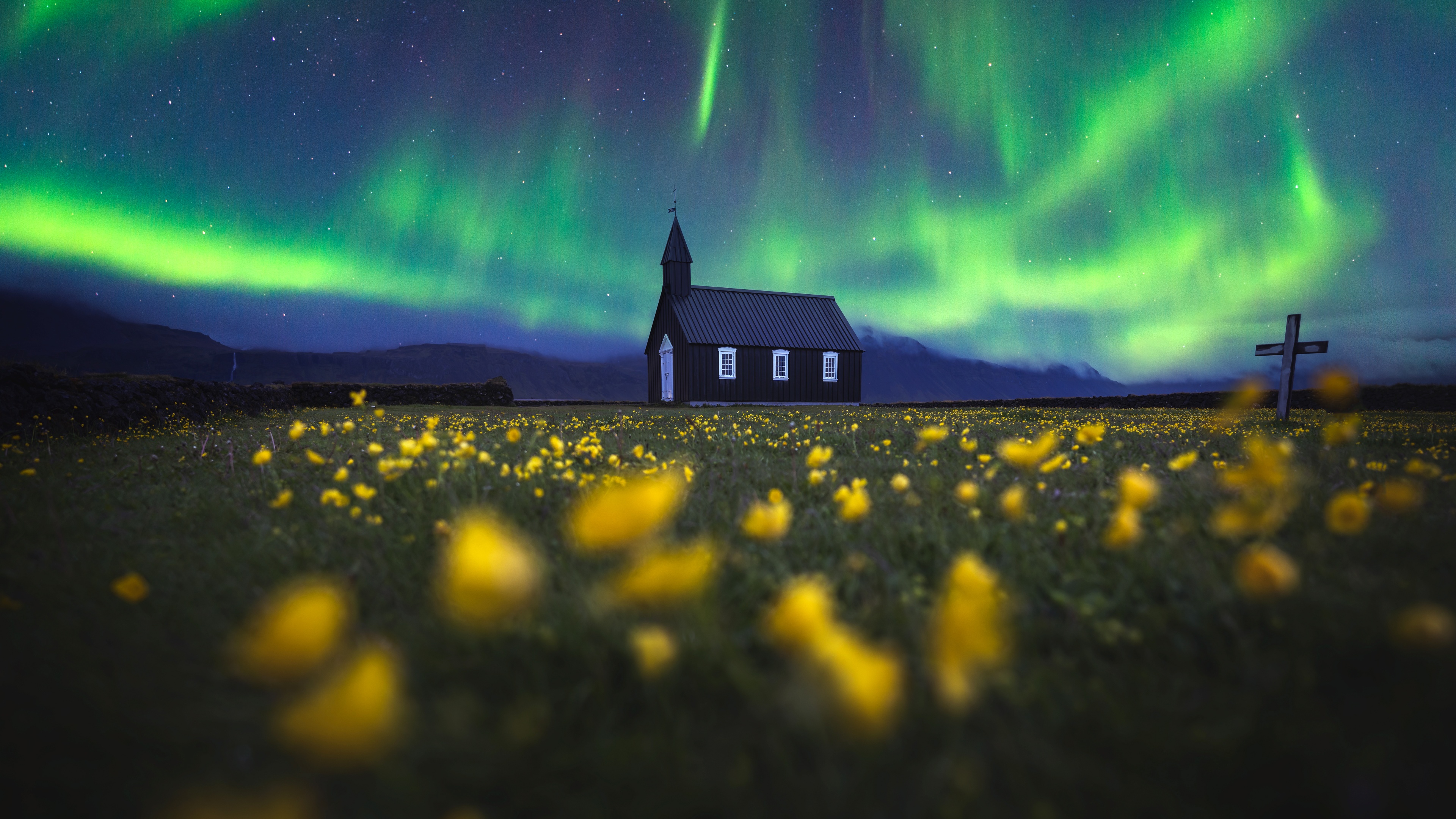 Aurorae Photography Church Iceland Yellow Flowers Field Evening Stars Mountains Starred Sky 4K 3840x2160