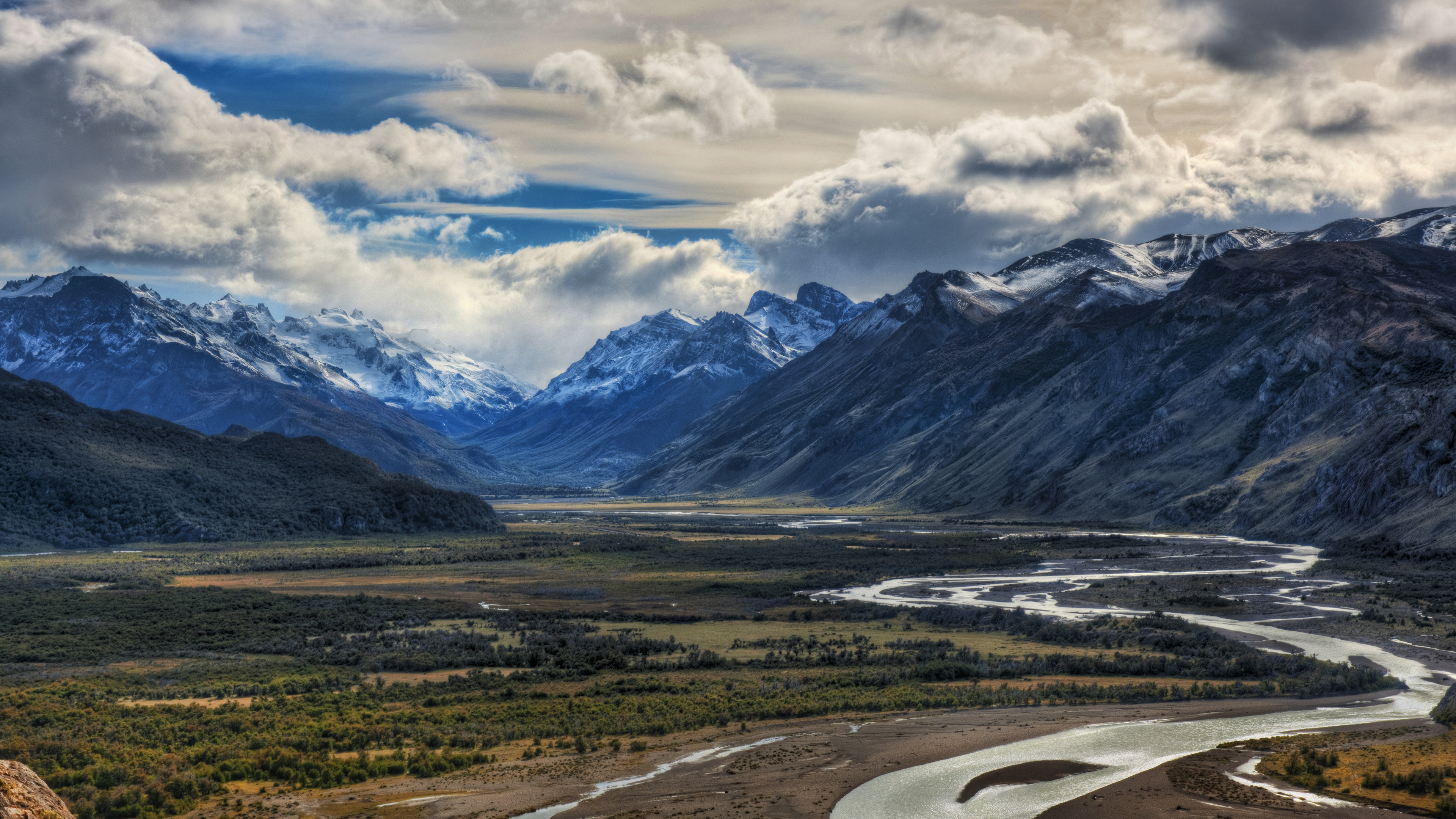 4K Trey Ratcliff Photography Andes Mountains Valley River Sky Clouds Snow Plants 3840x2160
