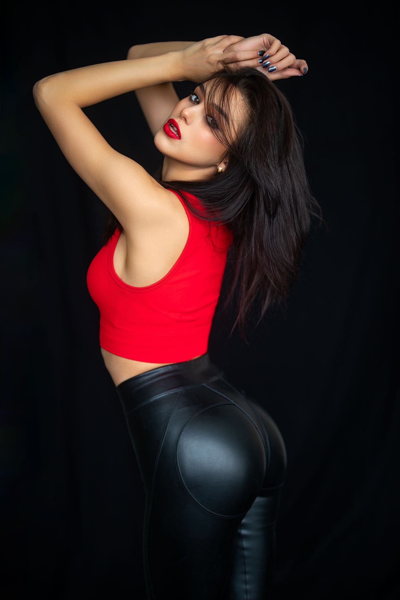 Dmitry Shulgin Women Leather Pants Red Lipstick Tank Top Dark Hair Model Brunette Parted Lips Arms U 1365x2048