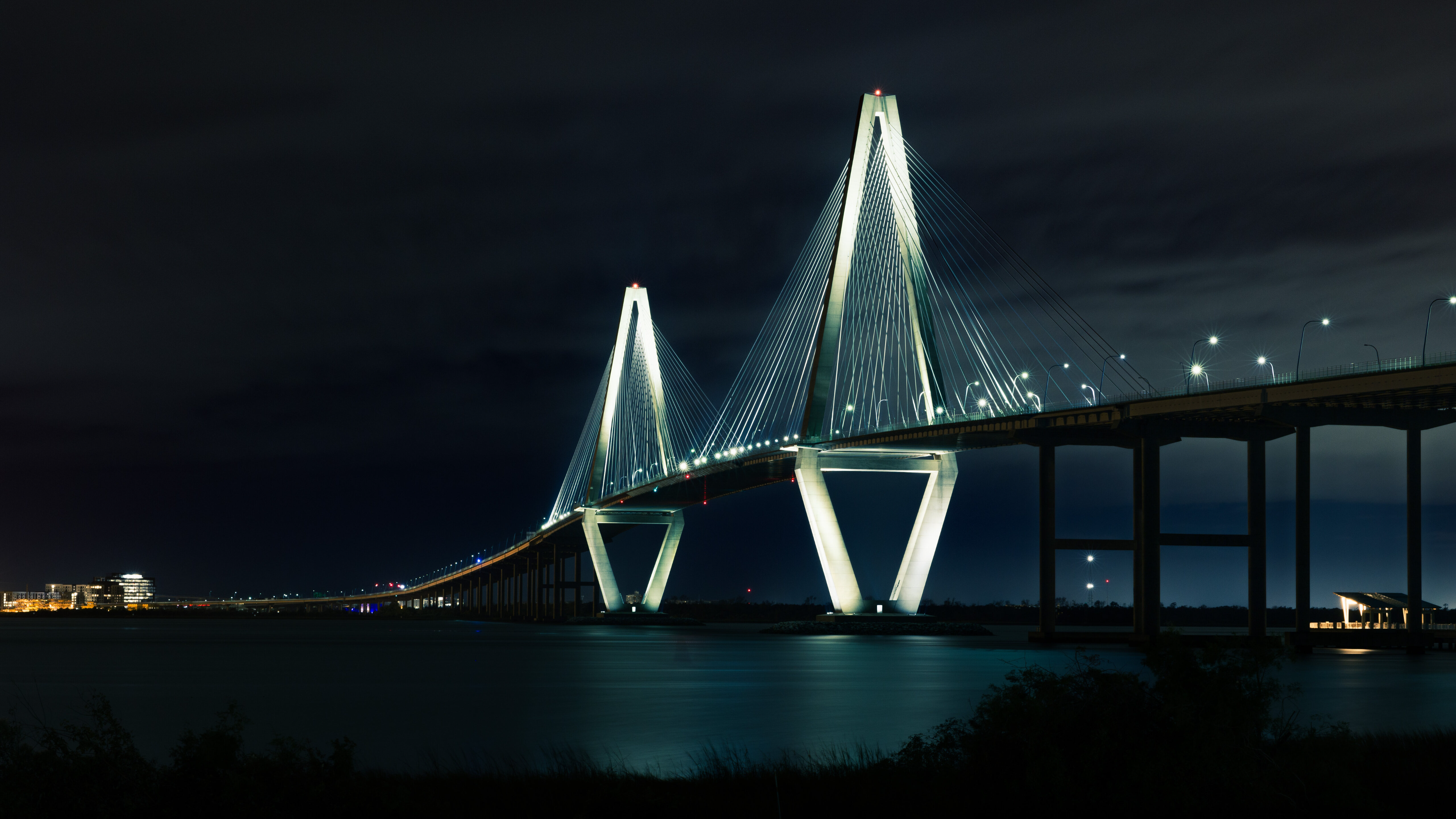 Landscape Architecture Bridge Lights Long Exposure Water River City Plants Rope Bridge Arthur Ravene 3840x2160