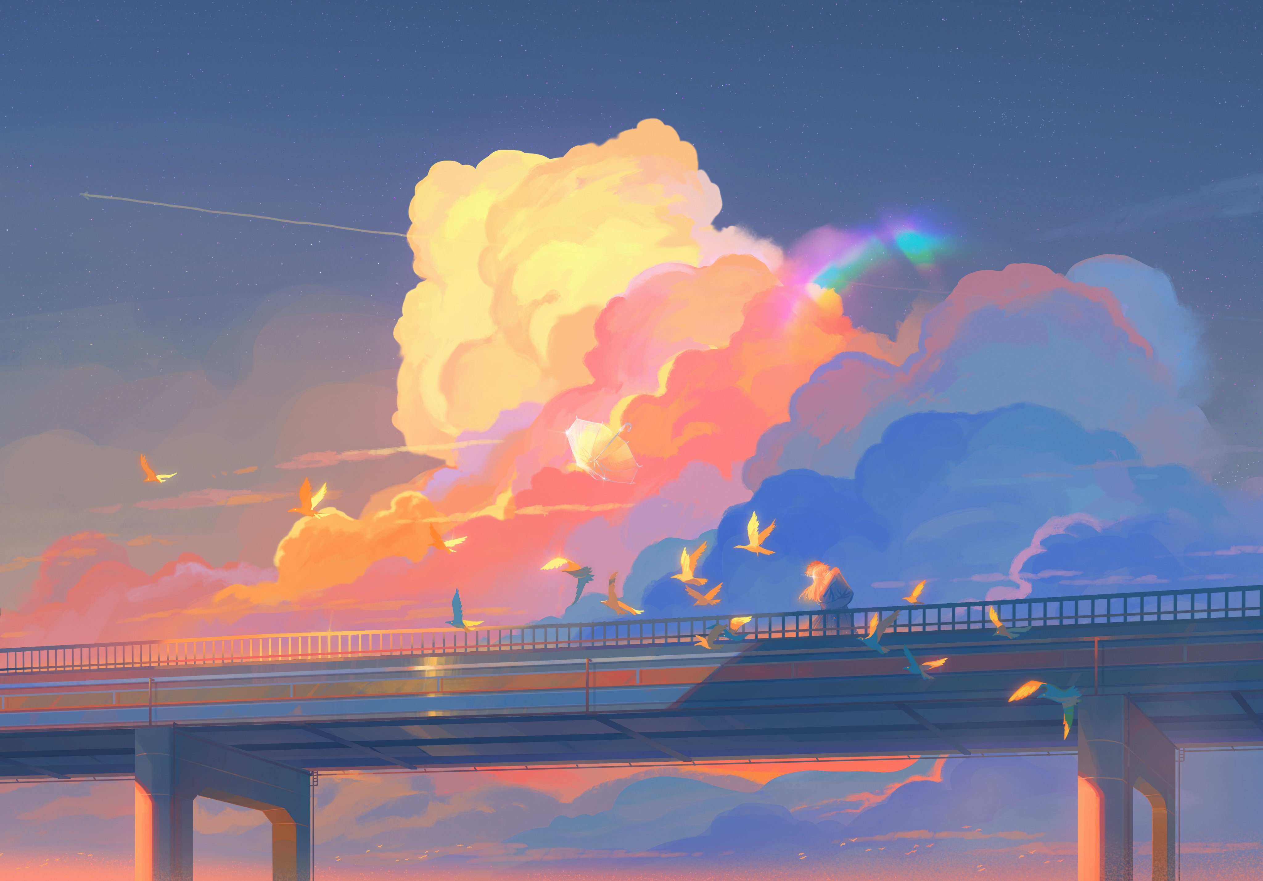 Digital Art Artwork Illustration Digital Painting Fantasy Art Landscape Sunset Clouds Sky Bridge Bir 4096x2858