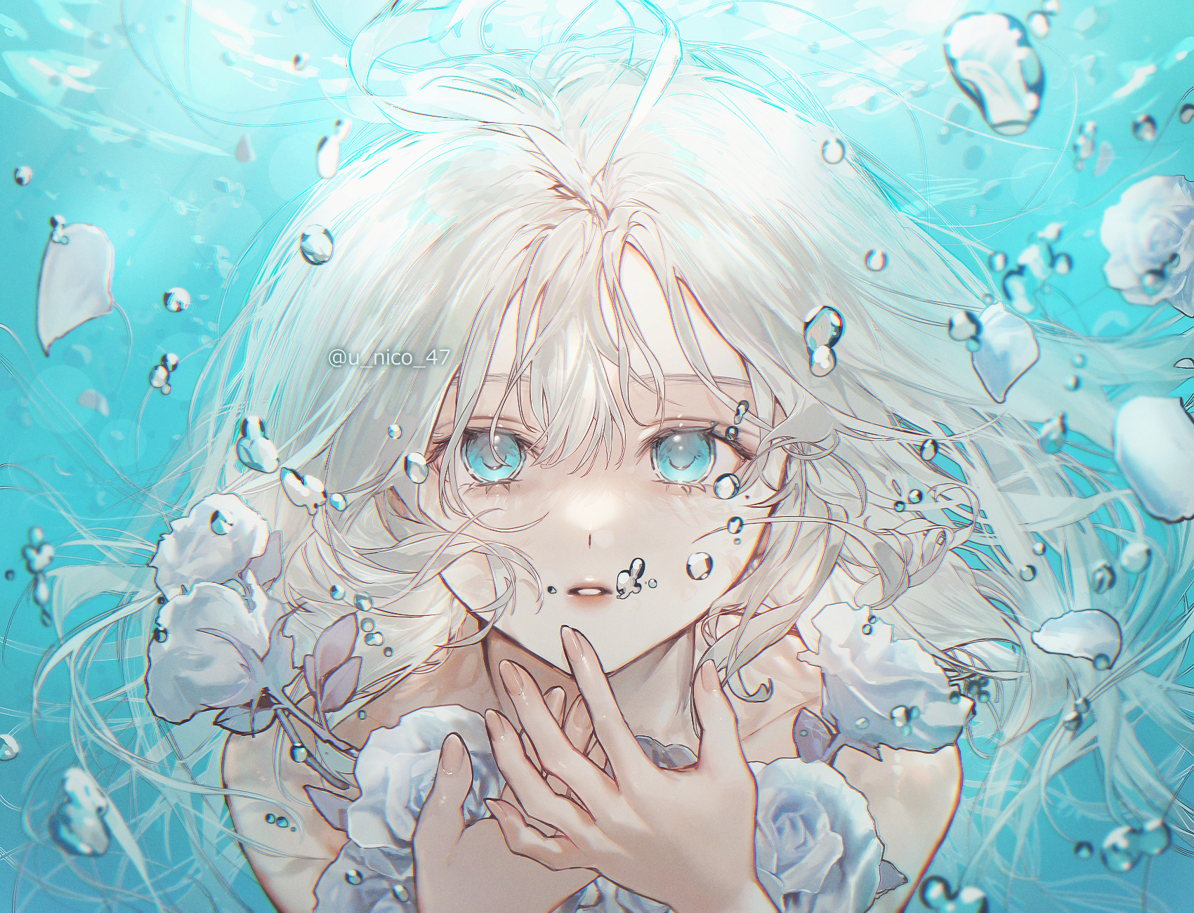 Underwater Light Blue Eyes White Hair Frontal View White Flowers Bubbles Long Hair Parted Lips Flowe 1700x1300