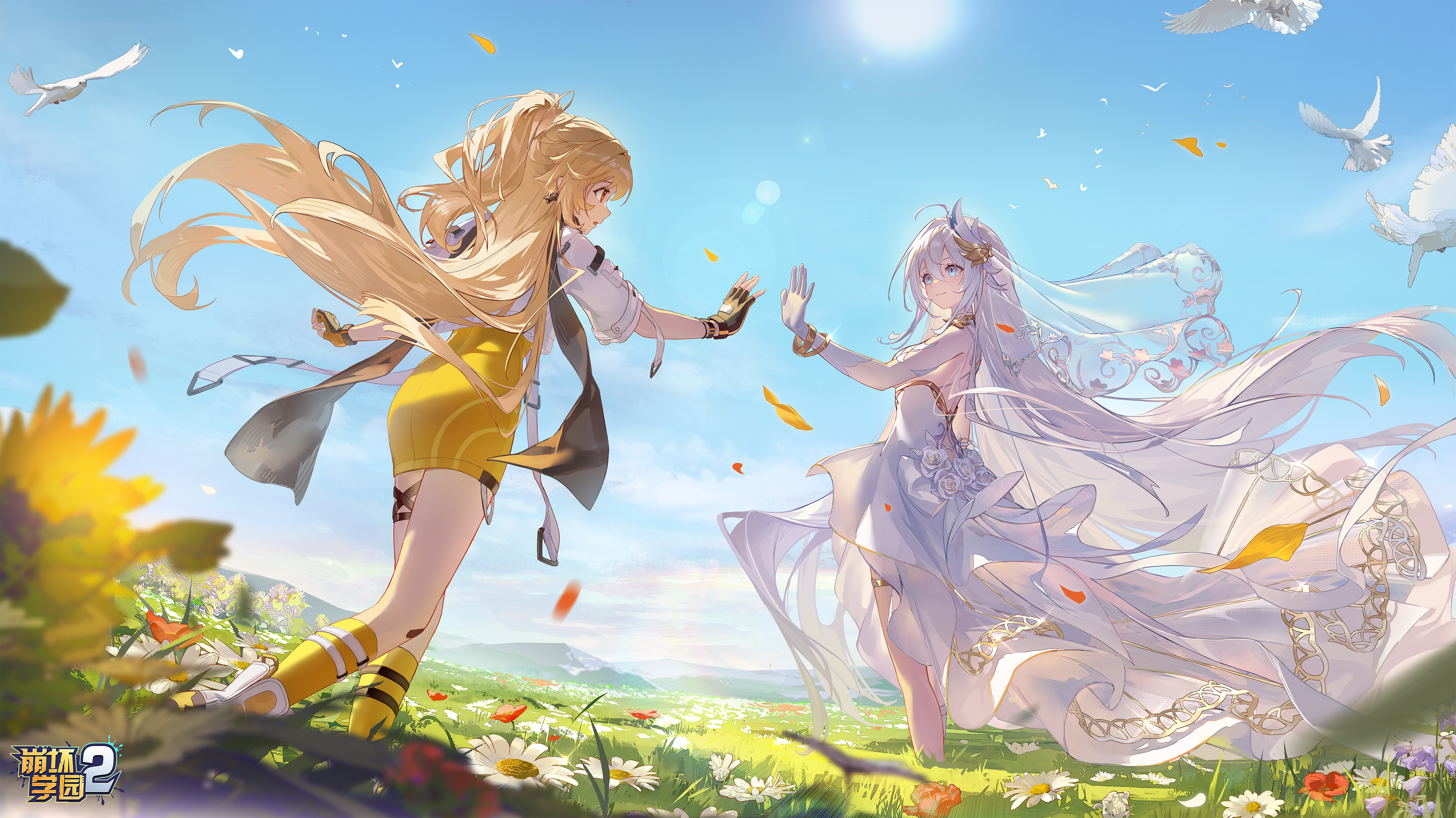 Flowers Two Women Long Hair Karin Mered White Dress Yellow Dress White Hair Blonde Women Outdoors As 4000x2250