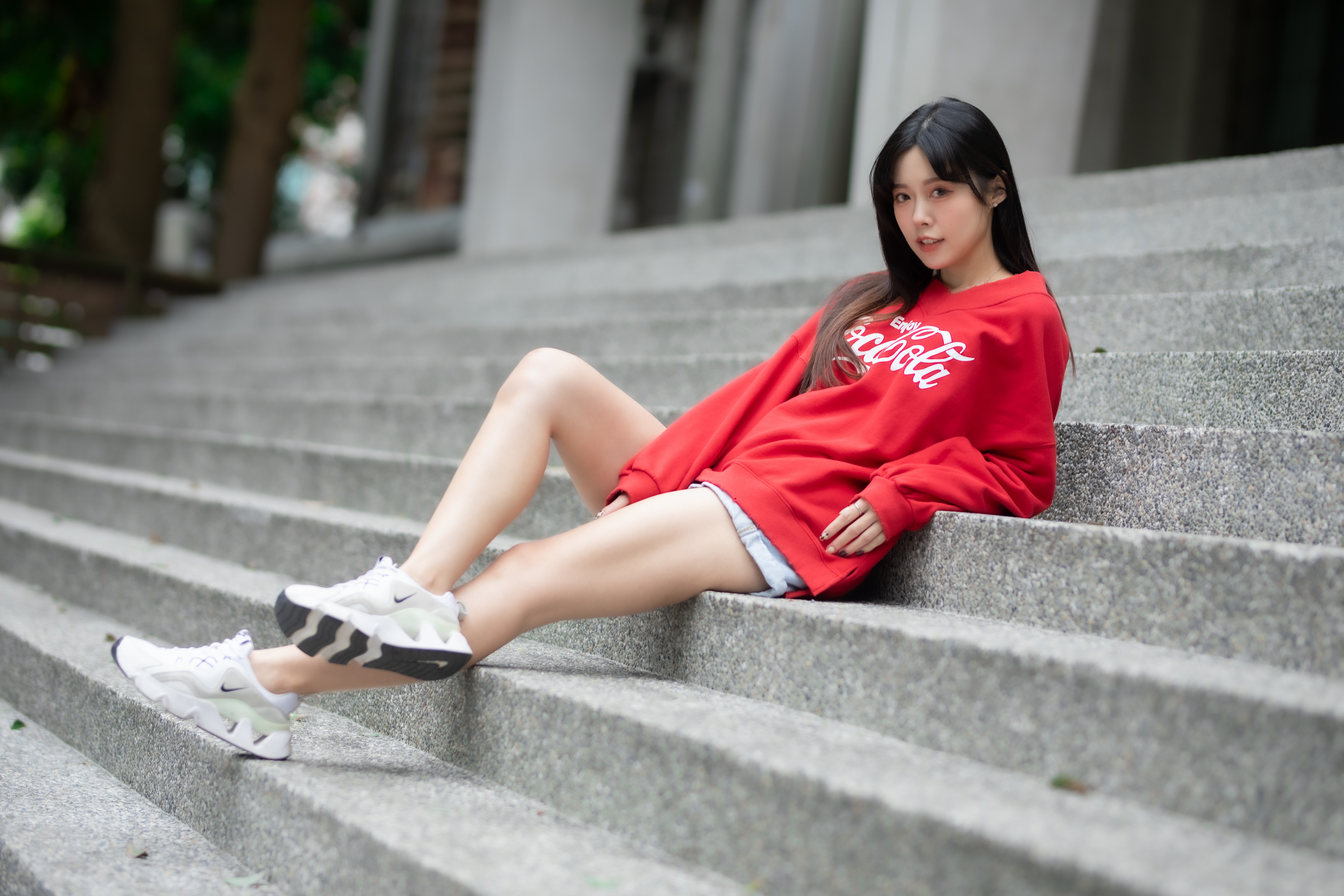 Asian Model Women Long Hair Dark Hair Sitting Stairs Sweatshirts 4500x3000
