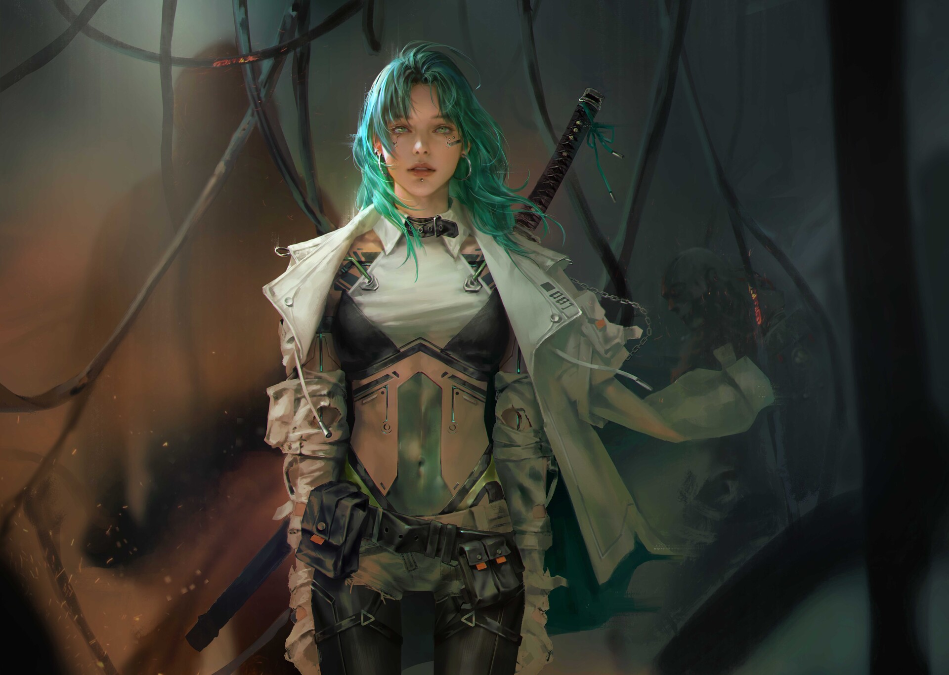 Zhincy Drawing Cyberpunk 2077 Katana Green Hair 1920x1367